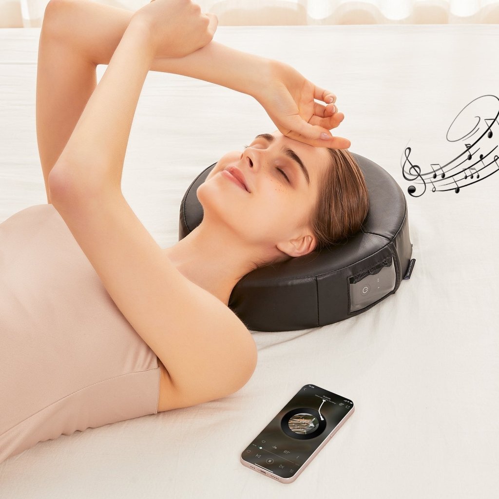MusicMaster Crescent Round High Fidelity Bluetooth Headrest with Sound Face Cushion - Wireless Car Audio Pillow for Road Trips & Relaxation (Black)