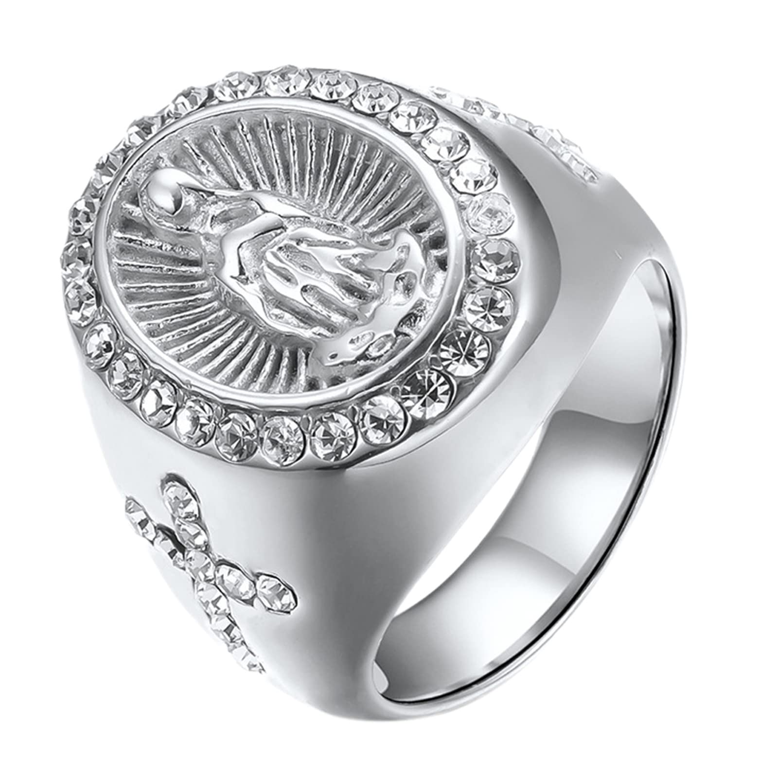Stainless Steel Virgin Mary Cross Ring for Men & Women - Religious Oval Band Statement Jewelry - Perfect Christmas Gift for Catholic Faith Followers (Ideal for Church, Prayer & Daily Wear)