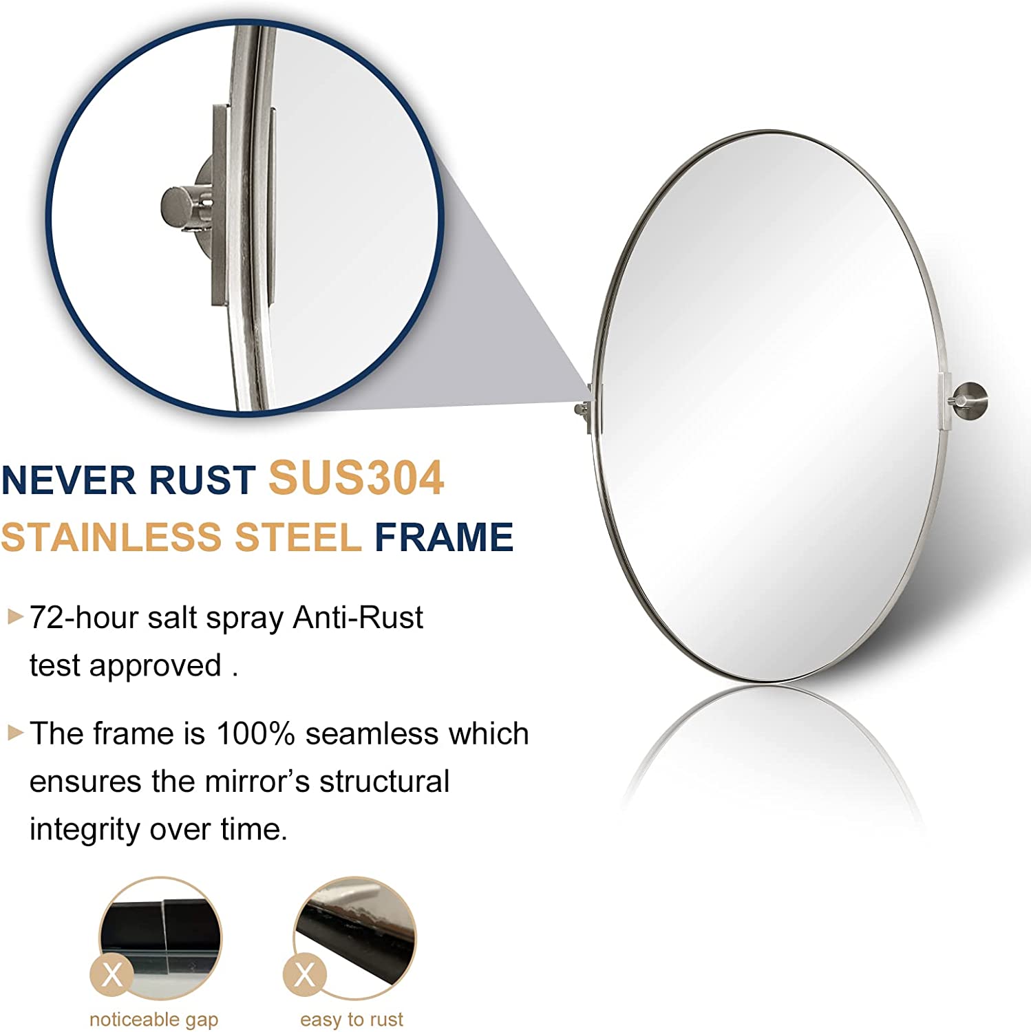 Adjustable Tilting Oval Pivot Mirror with Stainless Steel Frame for Bathroom Vanity | Perfect for Makeup, Shaving & Home Decor