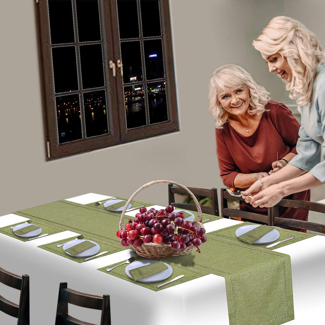 Handmade Solid Sage Green Dining Table Runner - Double-Hemstitched Dresser Scarf 14x36 Inches - Elegant Table Decor for Weddings, Holidays & Home Dining