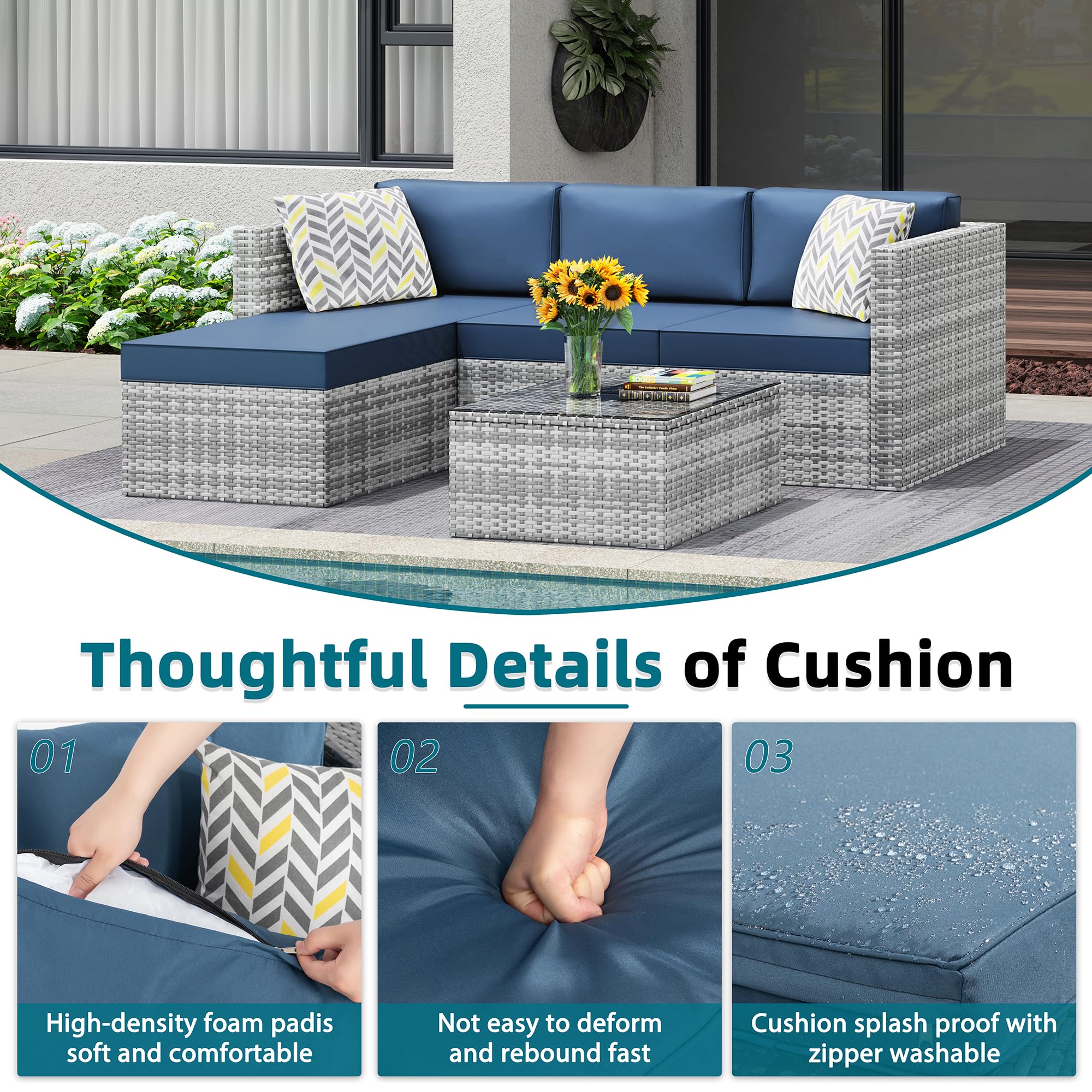 Premium 3-Piece Outdoor Patio Furniture Set with Detachable Cushions - All-Weather PE Rattan Sectional Sofa & Glass Coffee Table (Silver/Aegean Blue) - Perfect for Backyard, Garden, Poolside & Terrace Relaxation