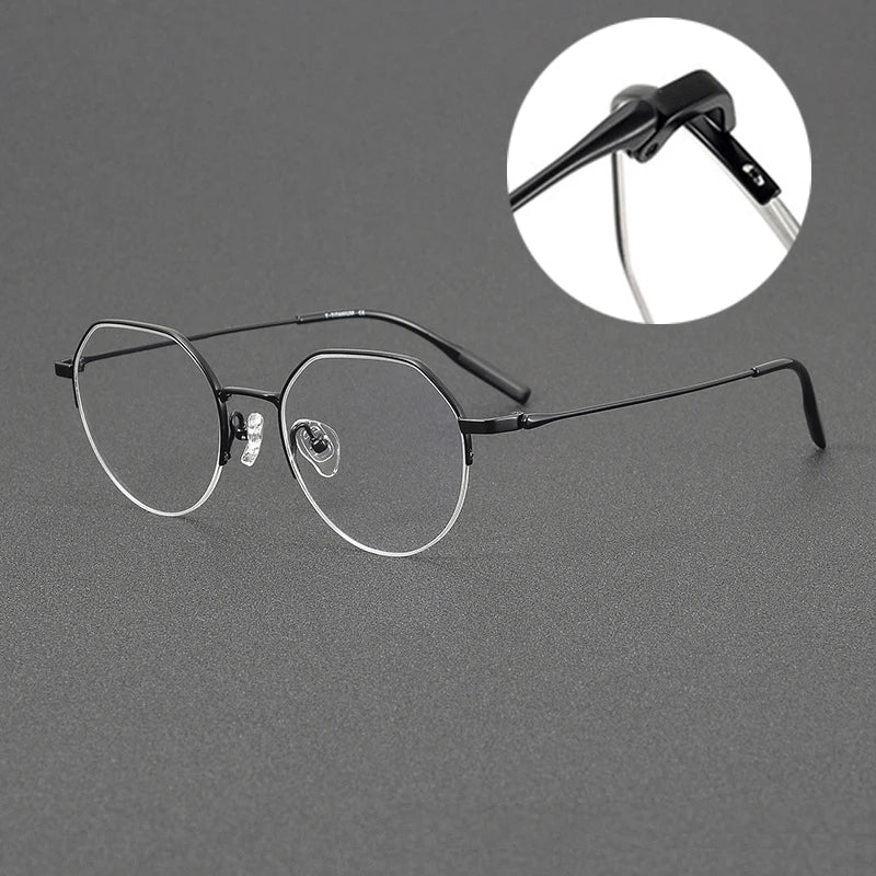 Unisex Black Titanium Semi-Rimless Flat Top Round Eyeglasses Frame 81035 - Stylish & Lightweight for Work, Reading & Everyday Wear