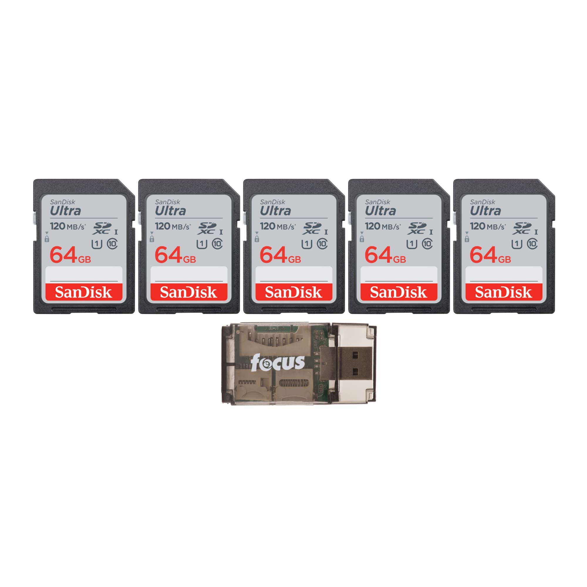 SanDisk 64GB Ultra UHS-I SDXC Memory Card 5-Pack (120MB/s) with High-Speed Card Reader Bundle - Perfect for DSLR Cameras, Drones, and 4K Video Recording