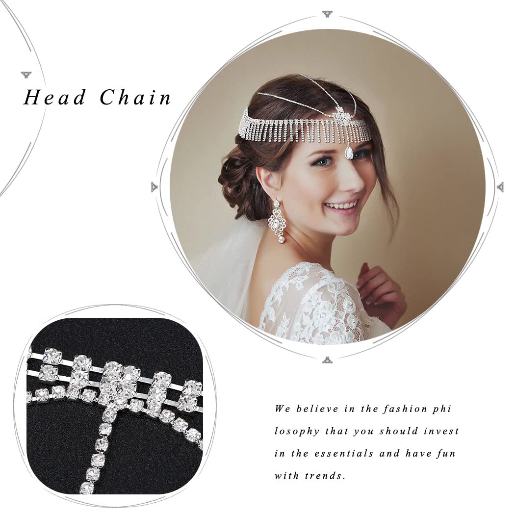 Urieo Silver Layered Rhinestone Head Chain | Crystal Tassel Forehead Jewelry | Bridal Hair Accessories for Women | Perfect for Weddings, Parties & Boho Fashion