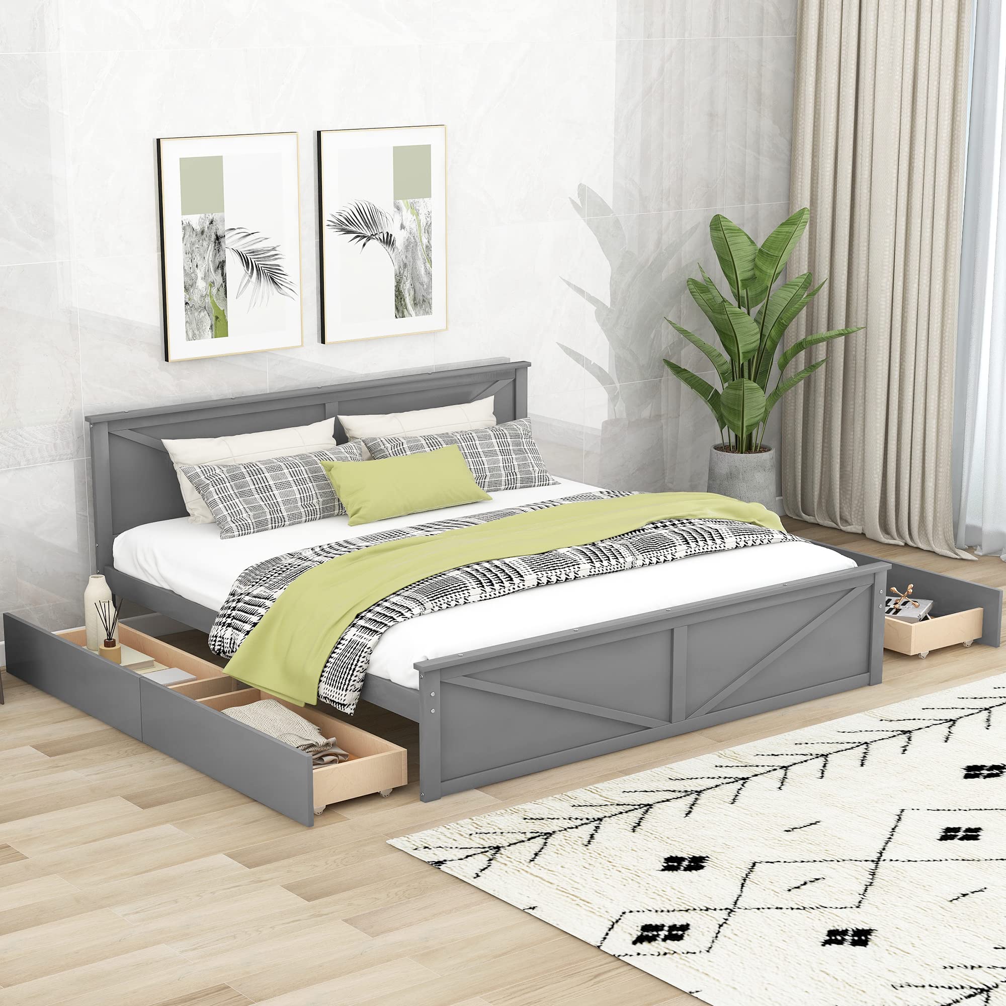 Harper & Bright Designs King Storage Bed Frame - Solid Wood Platform Bed with 4 Drawers, Headboard & Support Legs - Perfect for Kids, Teens & Adults Bedrooms (Gray) | Space-Saving Bedroom Furniture for Small Spaces & Modern Homes