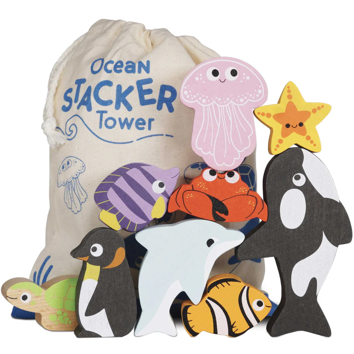 Le Toy Van Petilou Ocean Stacking Animals & Storage Bag – Wooden Stacking Toy for Toddlers, Educational Montessori Toys for Kids – Perfect for Beach, Bath Time & Nursery Play