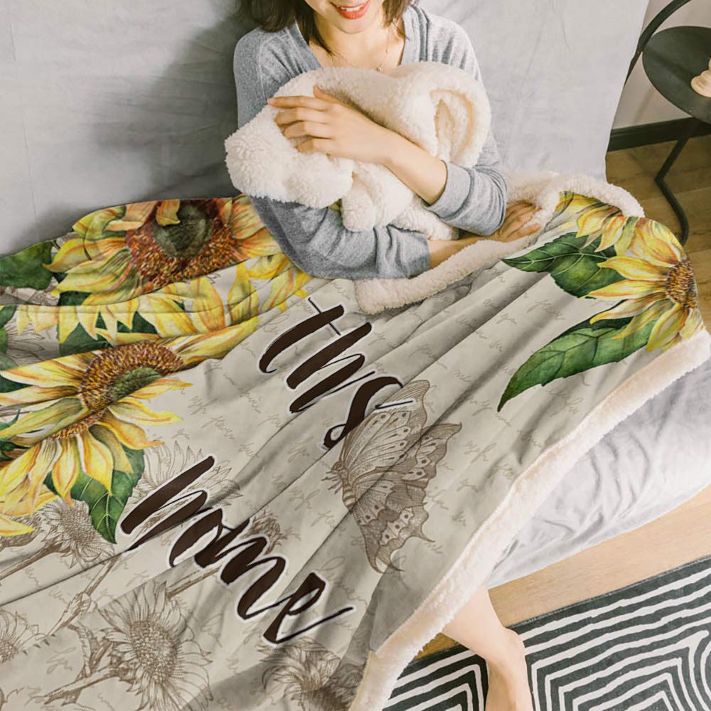 Sherpa Fleece Throw Blanket - Ultra Soft Cozy Plush Microfiber Blanket for Couch & Bed (59x79 inch) | Warm Winter Blanket for Home, Office, Travel - Bless This Home Sunflower Butterfly Design