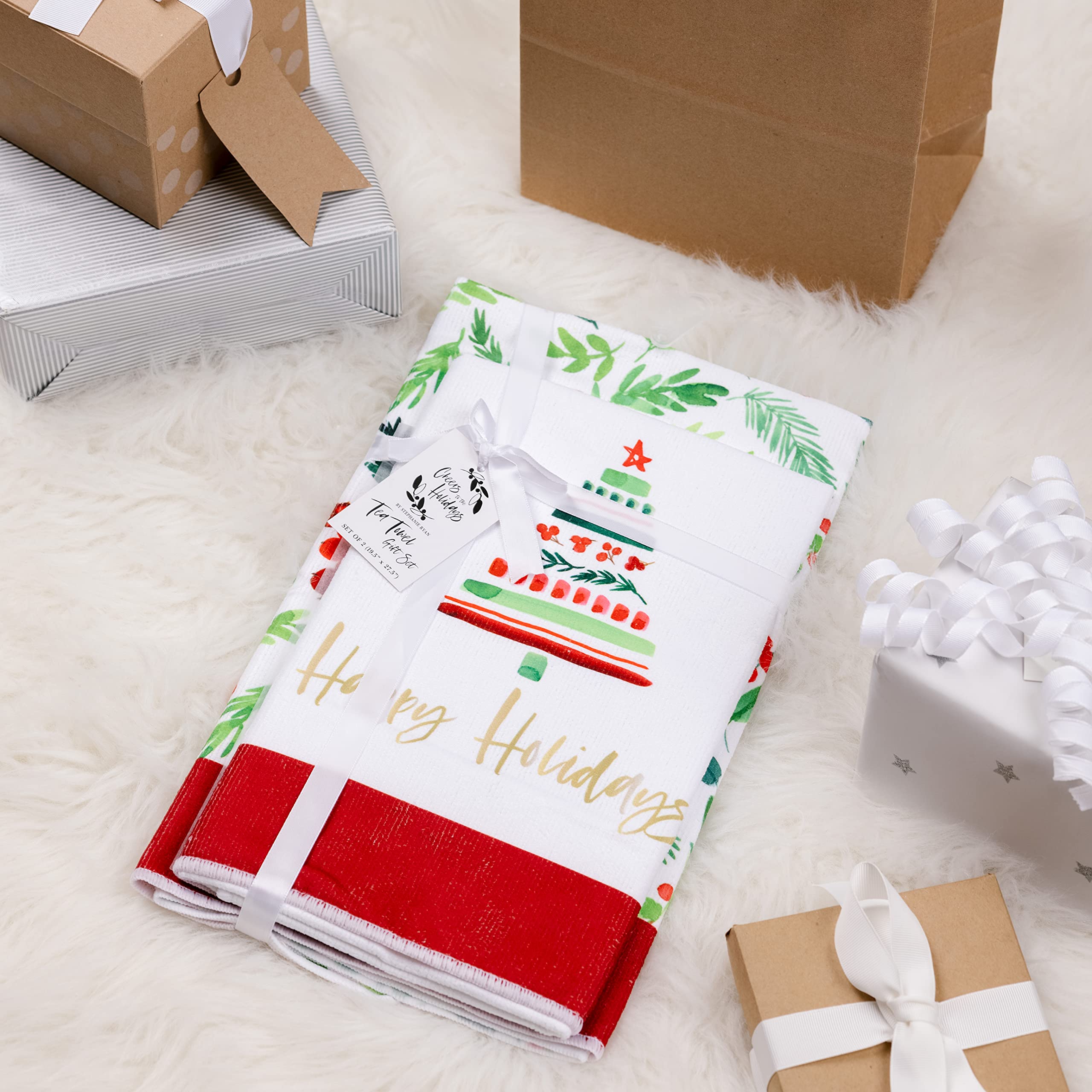 Set of 2 Christmas Holiday Tea Towels 27.5x19.75 Inch - Festive Winter Kitchen & Bathroom Towels for Decor, Gift & Holiday Cleaning - Perfect for Christmas Decorations, Hostess Gifts & Seasonal Home Use