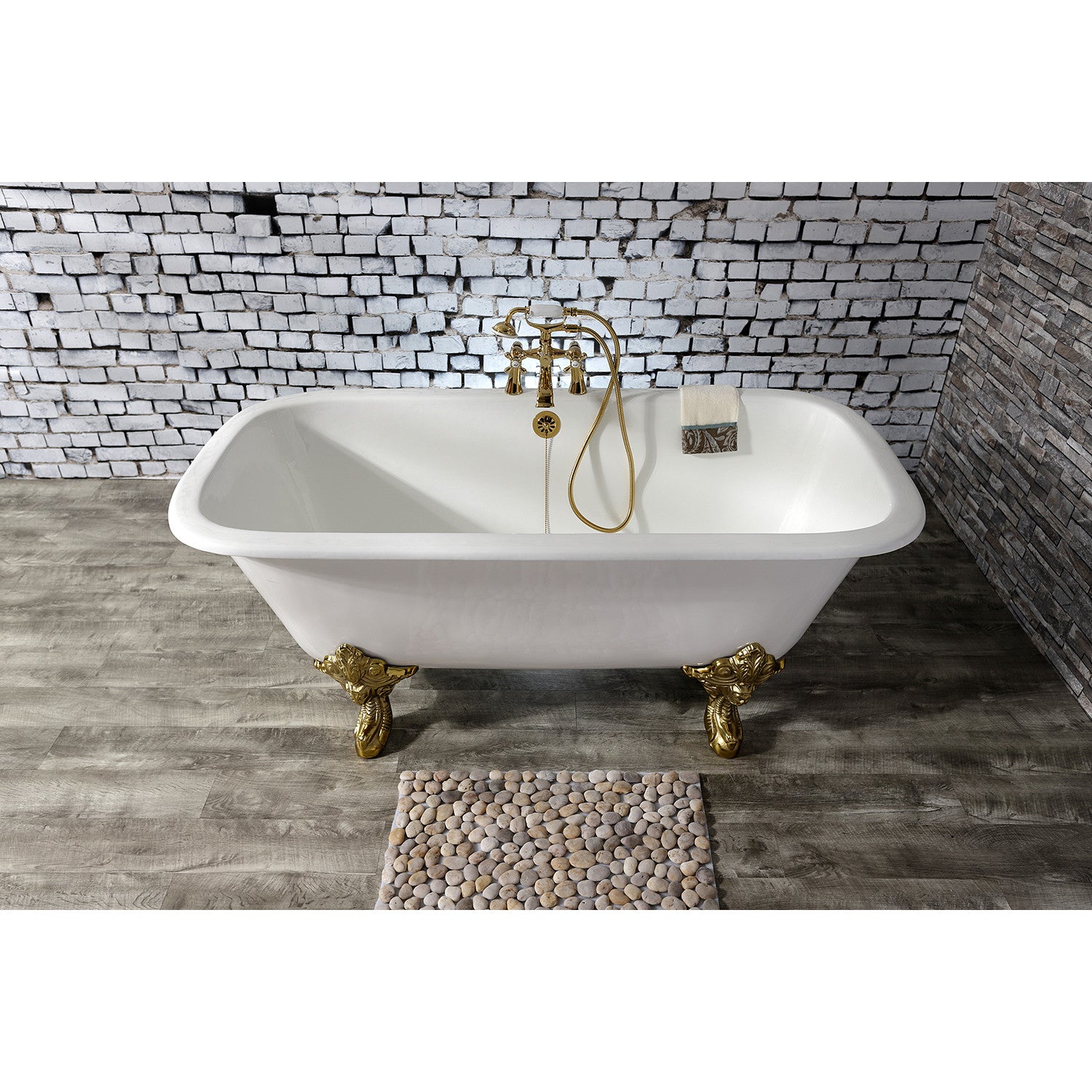 Aqua Eden 67 Inch White Cast Iron Clawfoot Bathtub with Polished Brass Feet - Double Ended Rectangular Tub with 7 Inch Faucet Drillings | Vintage Bathroom Centerpiece for Luxurious Soaking Experience