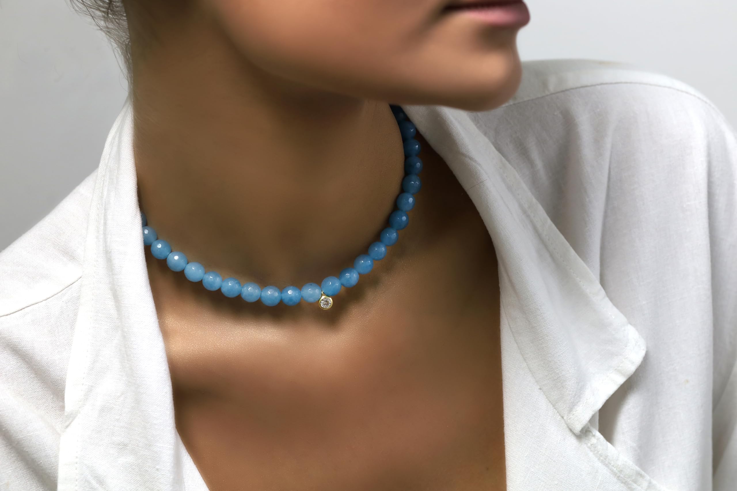 Aqua Quartz Beaded Necklace with Cubic Zirconia Charm | Blue Gemstone Jewelry | Handmade Knotted Faceted Stone Necklace for Women | Perfect for Weddings, Parties & Everyday Wear
