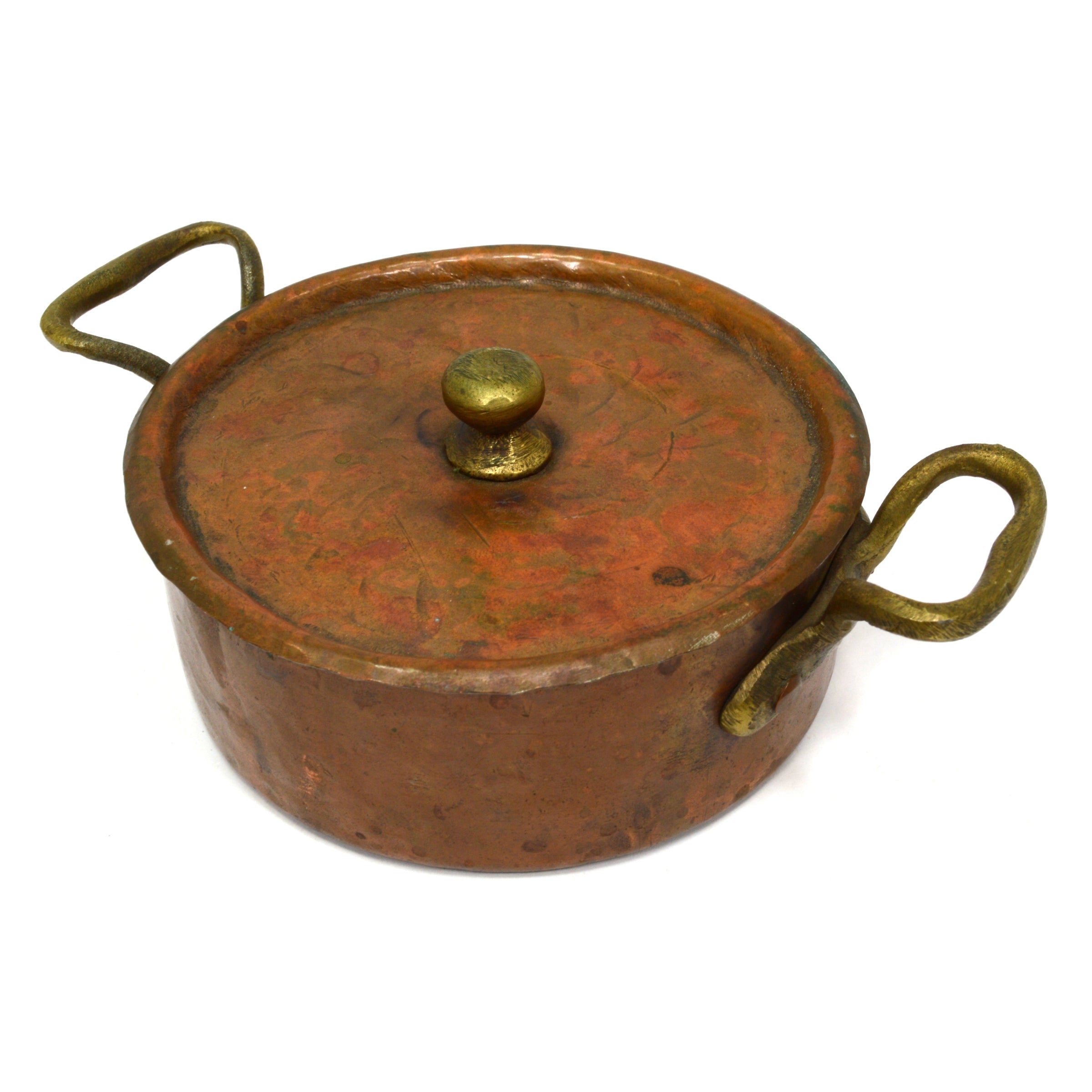 Vintage Copper & Tin Braising Pan - 5 Single Serve Bowls with Lid & 2 Brass Handles | Perfect for Asian Cooking, Hot Pot & Tabletop Serving