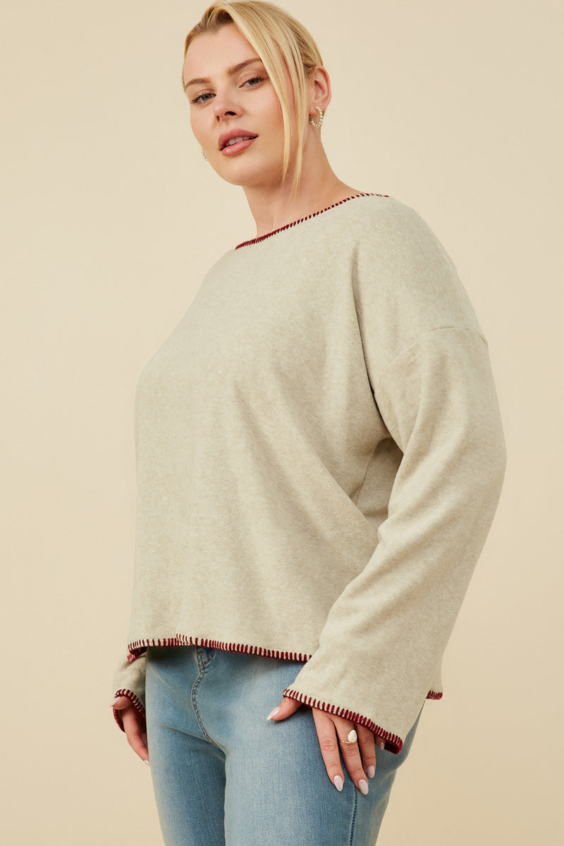 Soft Brushed Contrast Stitch Long Sleeve Knit T-Shirt for Women - Comfortable Casual & Layering Top for Fall/Winter Fashion
