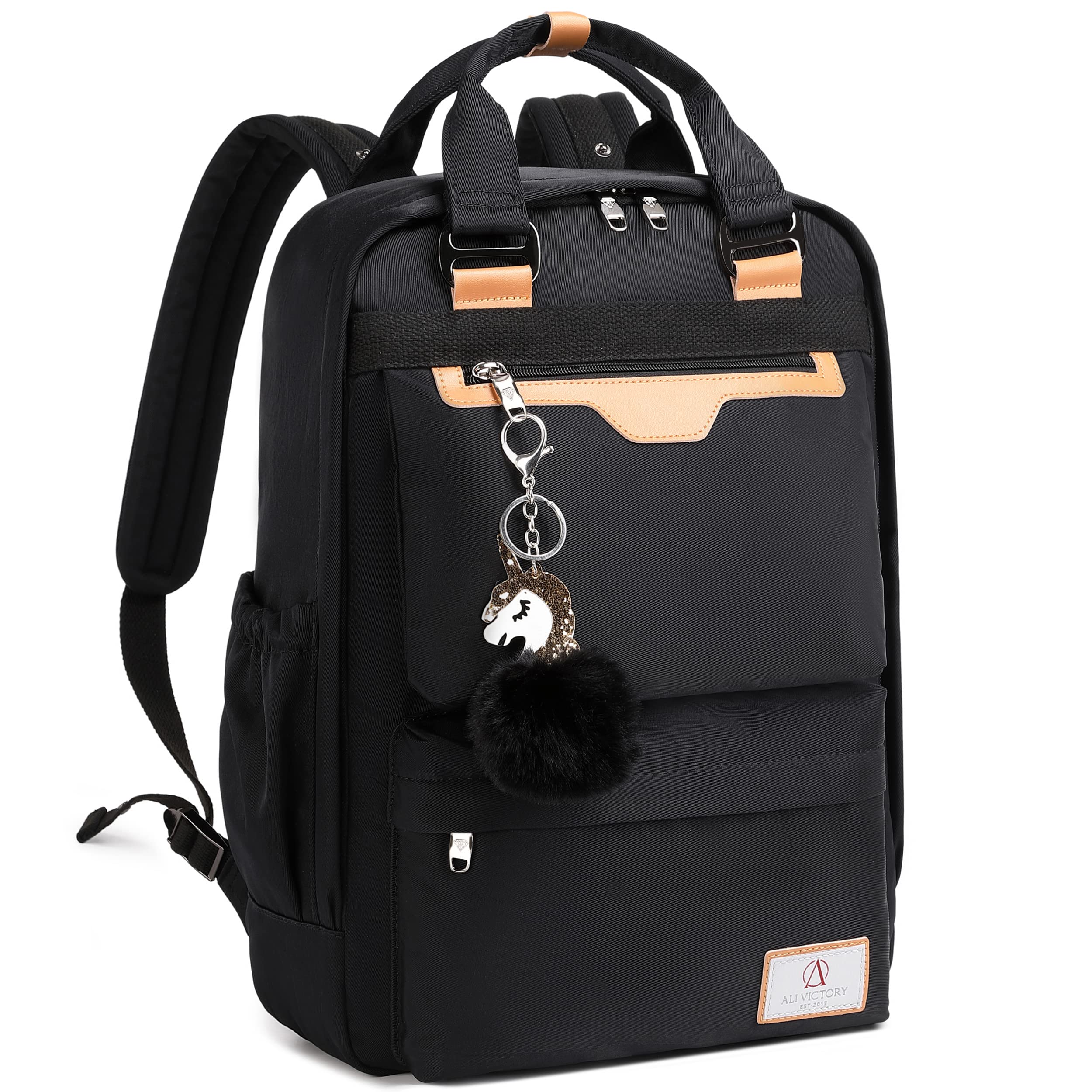 AO ALI VICTORY 15.6 Inch Anti-Theft Laptop Backpack for Women & Men - Waterproof College Bookbag with USB Charging Port, Travel Backpack for Work, School, Nursing & Daily Commute (Medium, Black)