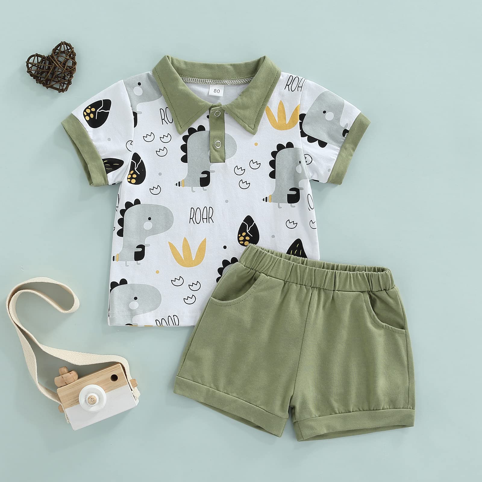 Dinosaur Print Shirt and Shorts Set for Toddler Boys | Green Casual Summer Outfit | Perfect for Playdates, Daycare & Outdoor Adventures