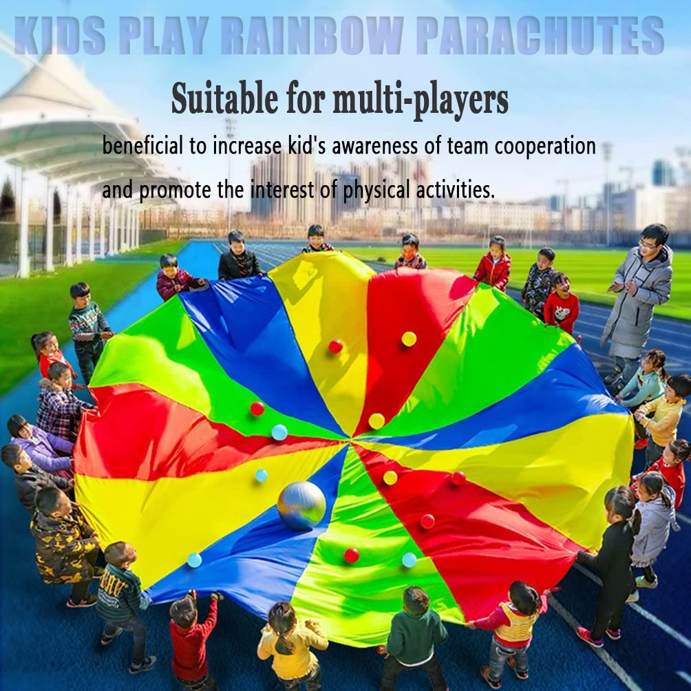 1-12M Kids Rainbow Play Parachute - 8m/26.24ft Outdoor Activity Toy for Field Day, Carnival Games & Team Building - Perfect for Preschool Playtime, Birthday Parties & Family Reunions