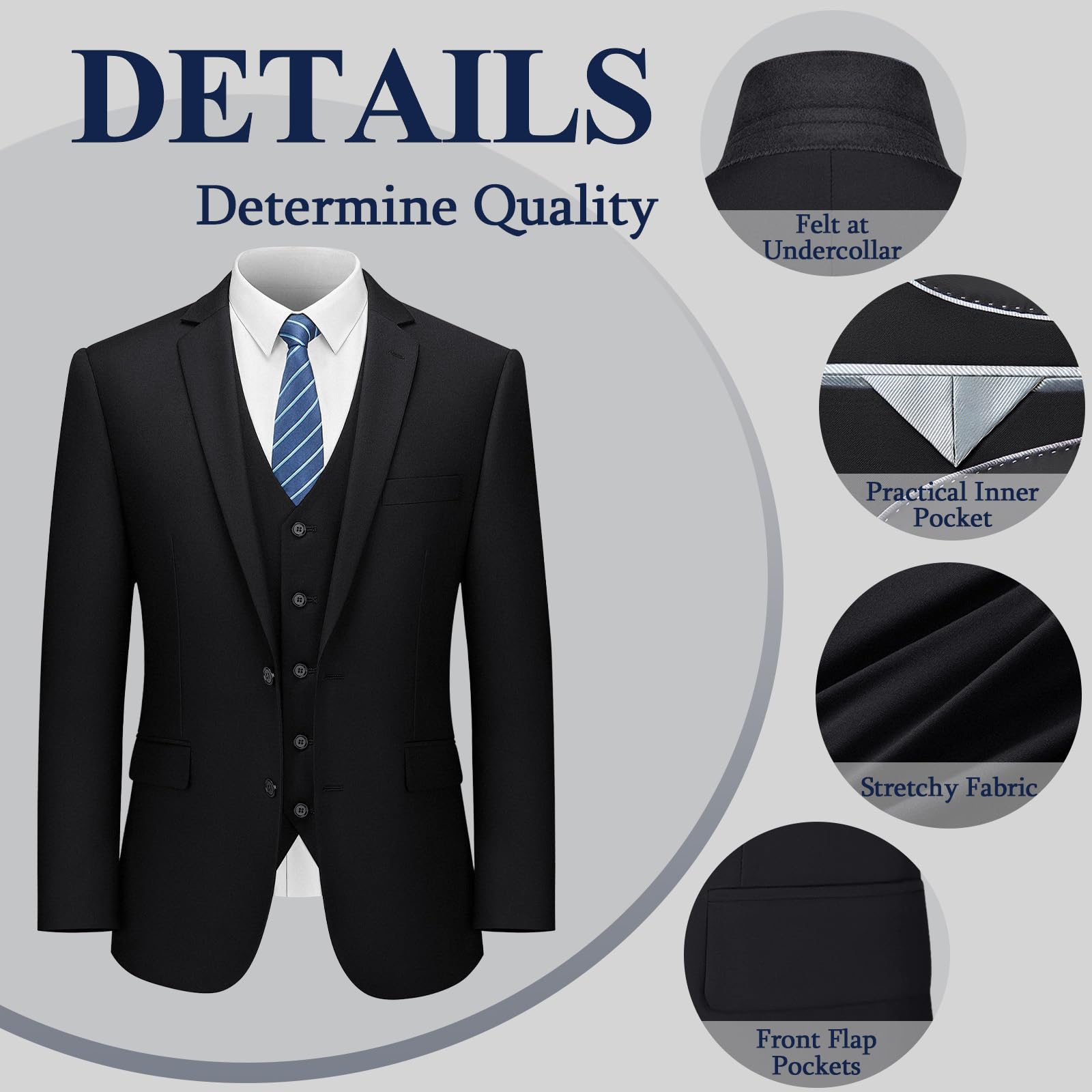LUPURTY Slim Fit 3-Piece Men's Suit Set - 2 Button Solid Color Jacket, Vest & Pants - Business Formal & Wedding Tuxedo Outfit for Grooms, Professionals & Special Occasions