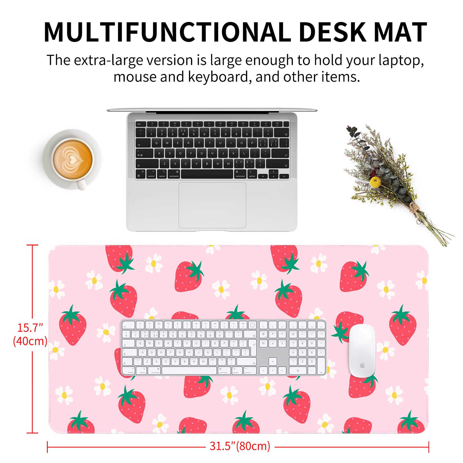 Seorsok XXL Extended Gaming Mouse Pad - 31.5x15.7 Inch Large Desk Mat with Non-Slip Rubber Base & Stitched Edges - Pink Strawberry Design for Girls - Perfect for Gaming, Office Work & Computer Use