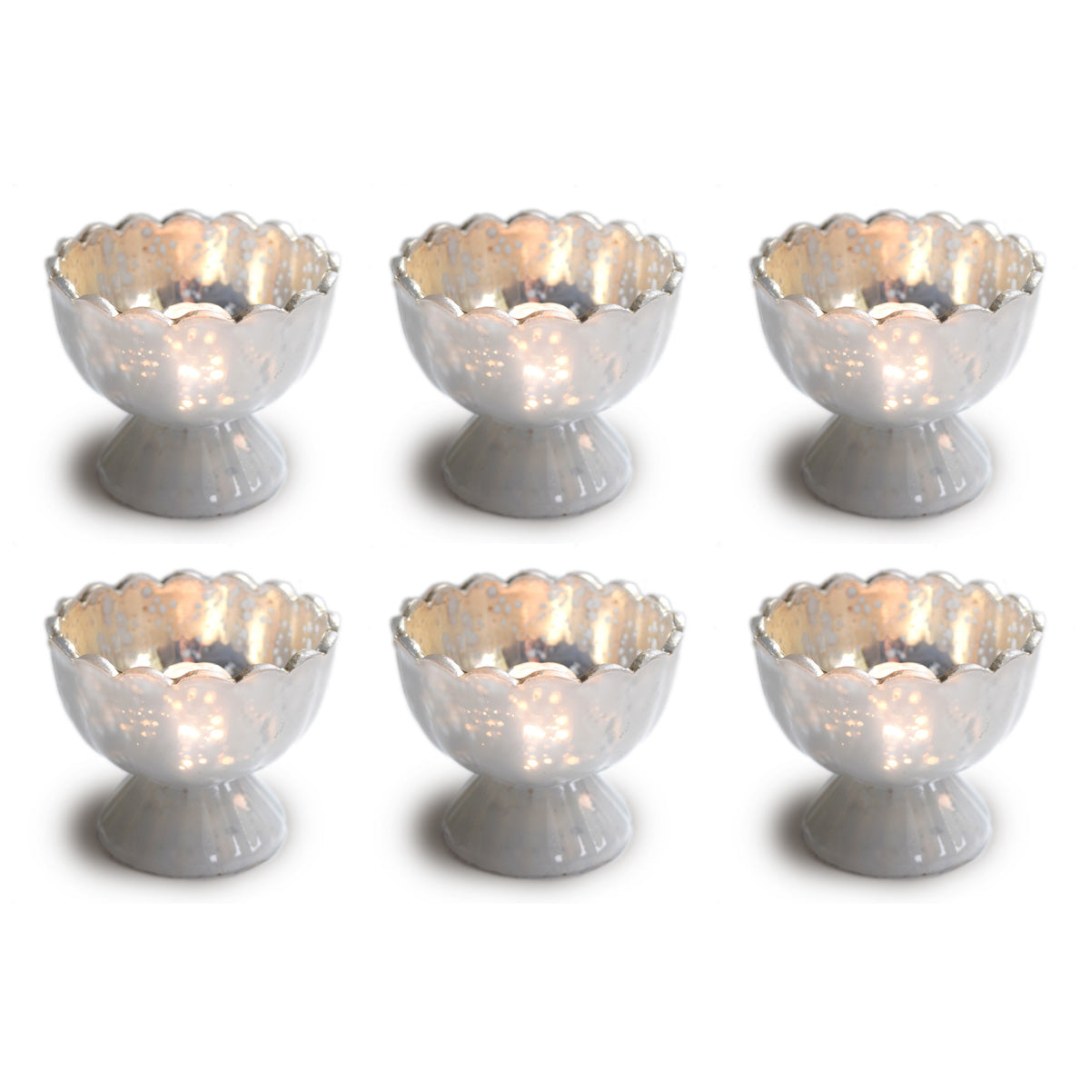 6 Pack Vintage Mercury Glass Chalice Candle Holders - 3 Inch Suzanne Design Sundae Cup Motif in Pearl White | Perfect for Tea Lights | Elegant Home Decor, Party Centerpieces & Wedding Table Decorations | Ideal for Romantic Dinners, Holiday Celebrations & Special Events