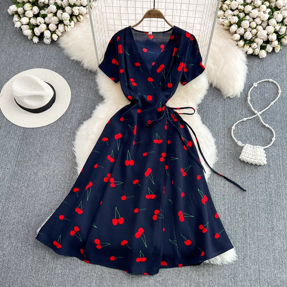 Cherry Print V-Neck Short Sleeve Summer Dress - Flattering A-Line Cut for Women | Perfect for Beach Vacations, Garden Parties & Casual Outings