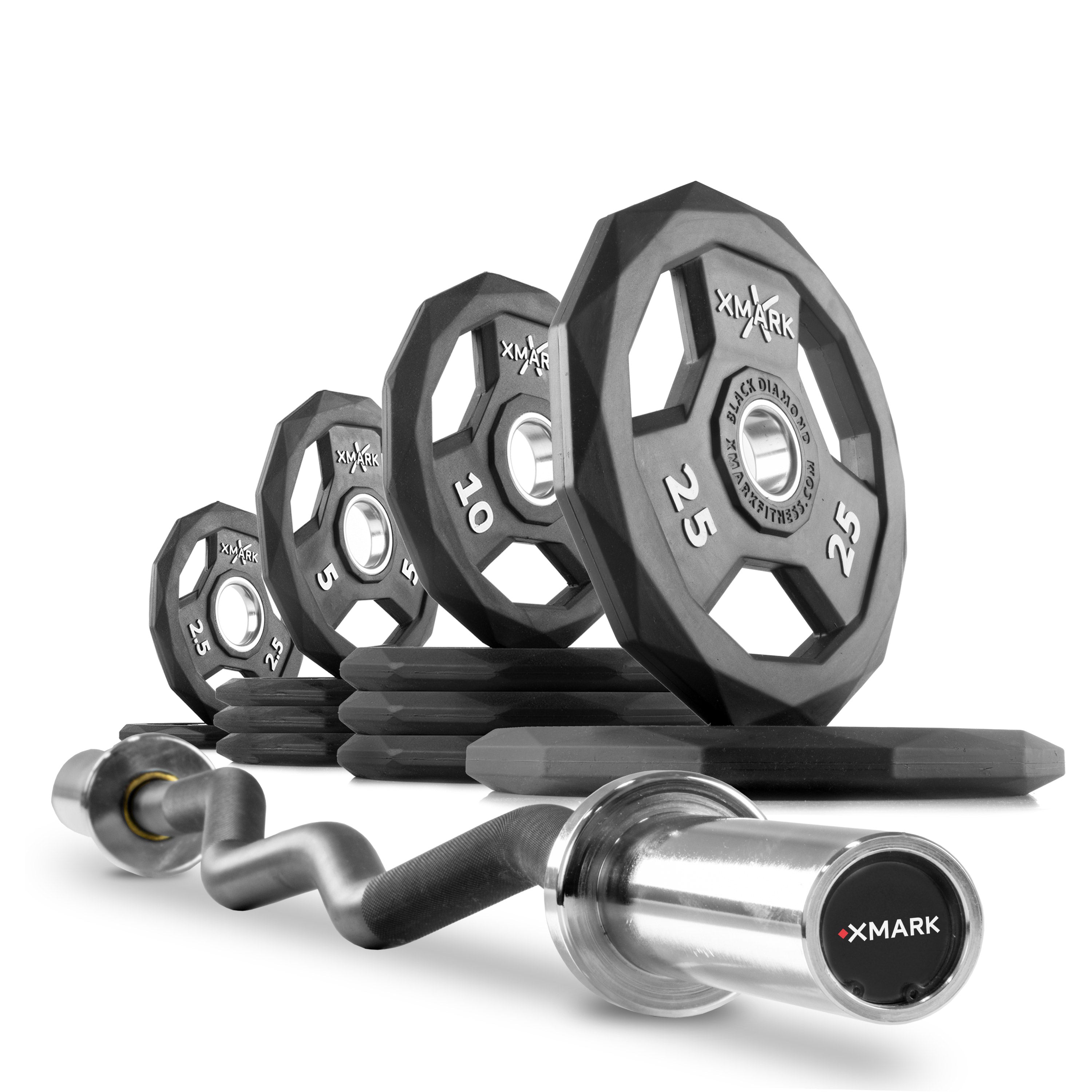 Black Diamond Olympic Weight Plates & Curl Barbell Set - Premium Gym Equipment for Home & Commercial Use - Perfect for Strength Training, CrossFit, and Weightlifting Workouts