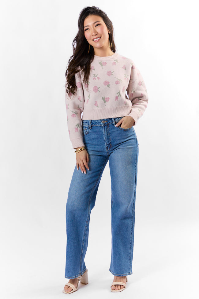Grand Measures Light Pink Floral Knit Sweater for Women - Soft & Cozy Pullover - Perfect for Fall & Winter Outfits, Date Nights, and Casual Wear
