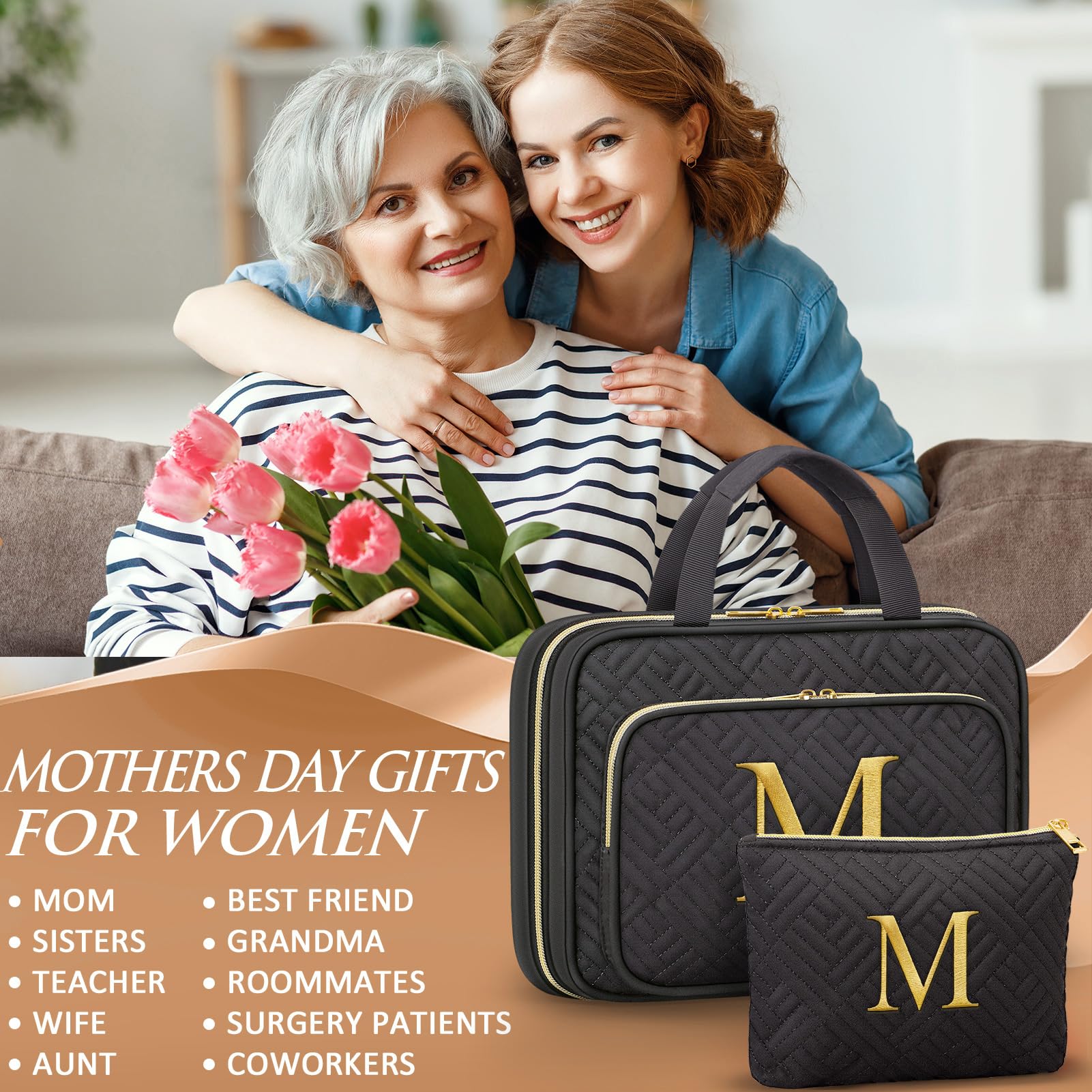 Personalized Initial Hanging Toiletry Bag & Makeup Bag Set - 2 PCS Embroidered Letter Travel Organizer Cosmetic Bags for Women | Perfect Birthday, Easter Gift for Mom, Wife, Sister, Friend, Teacher | Great for Travel, Vacation, Gym & Daily Use