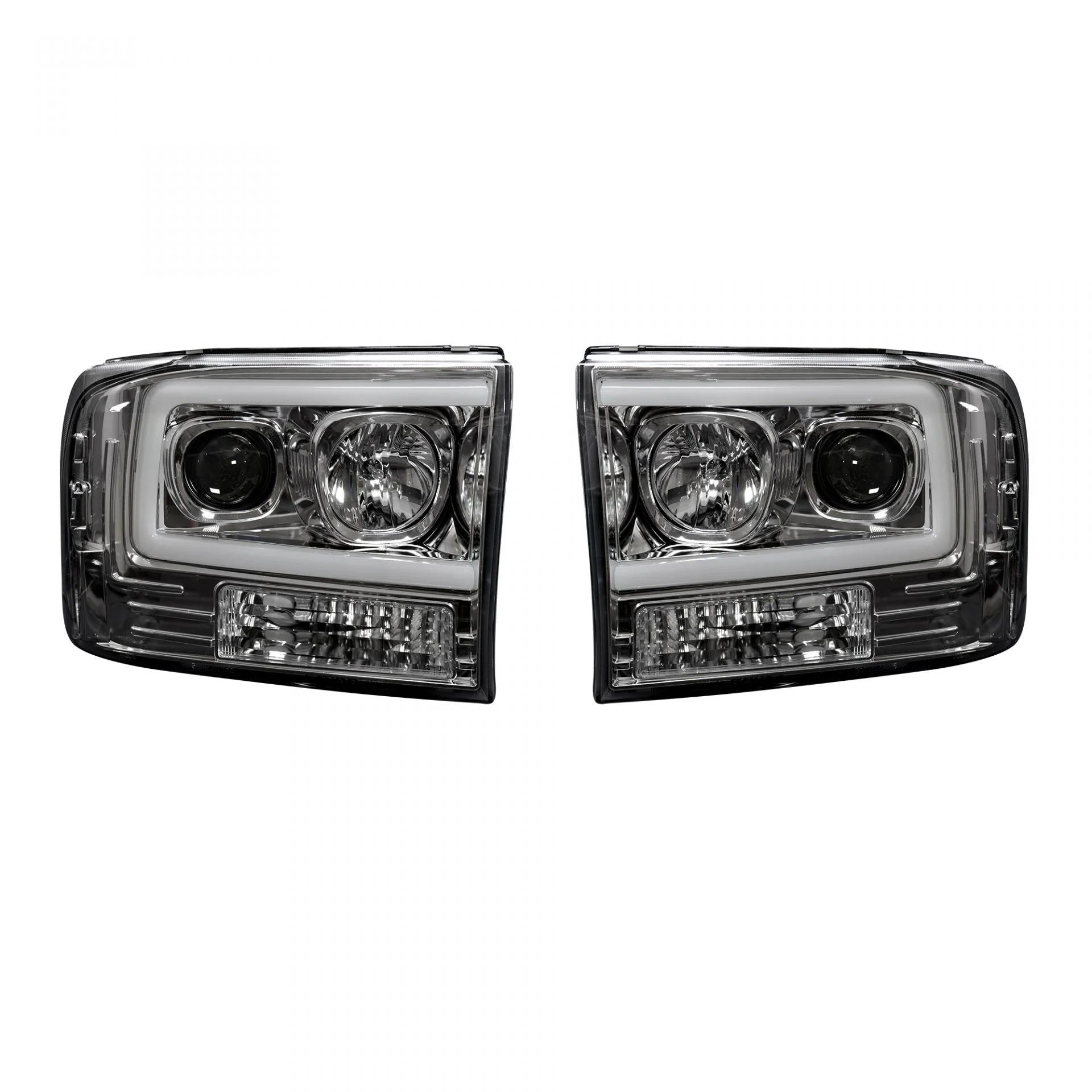 Ford Super Duty 1999-2004 Projector Headlights with OLED Halos & DRL - Clear/Chrome Style for Enhanced Night Driving & Off-Road Visibility