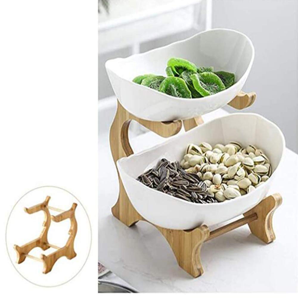 2-Tier Ceramic Cake Stand with Bamboo Base - Reusable Dessert & Fruit Display for Weddings, Birthdays, Parties - Perfect for Candy, Pastries, and Fresh Fruit Arrangements - Elegant White Kitchen & Dining Decor