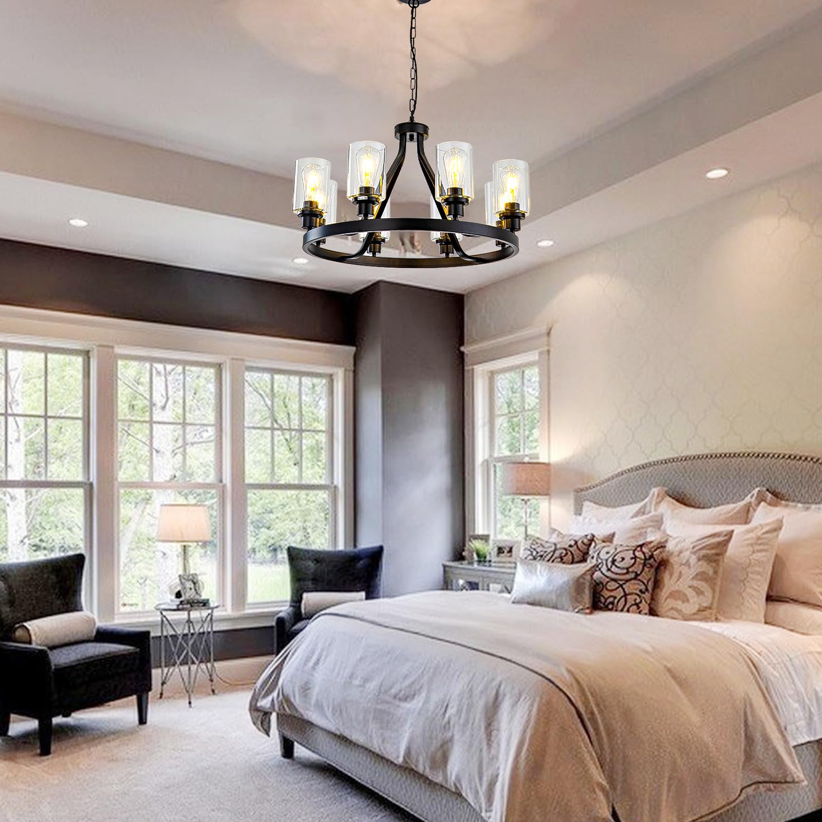 8-Light Black Farmhouse Wagon Wheel Chandelier - Adjustable Height Modern Industrial Rustic Dining Room Light Fixture - Perfect for Kitchen Island, Dining Table, and Living Room Pendant Lighting (E26 Base)