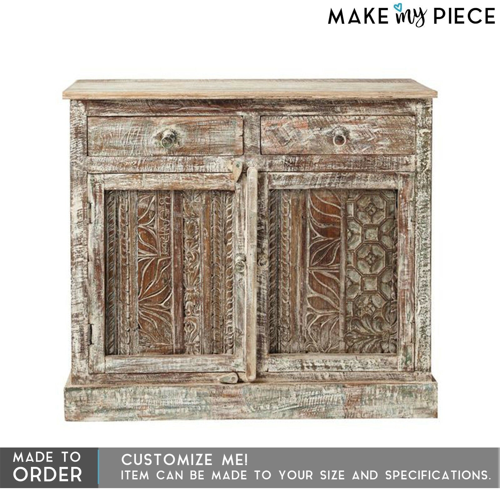 Hand Carved Solid Wood Sideboard with Whitewash Finish - Rustic Farmhouse Dining Room Buffet for Home Decor & Storage
