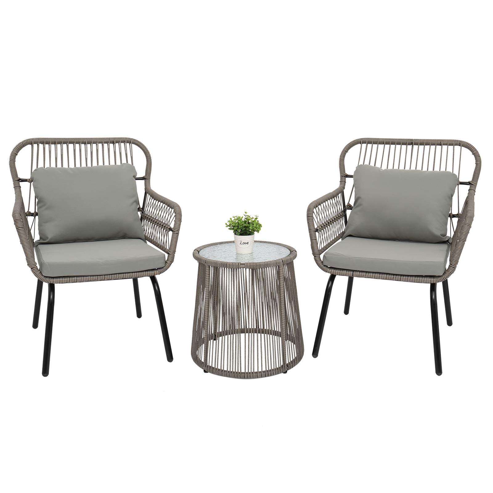 Enchi Outdoor All-Weather Wicker Patio Furniture Set - 3-Piece Gray Wicker Conversation Bistro Set with 2 Chairs & Glass Top Side Table (Includes Cushions) - Perfect for Porch, Backyard, Garden or Poolside Relaxation