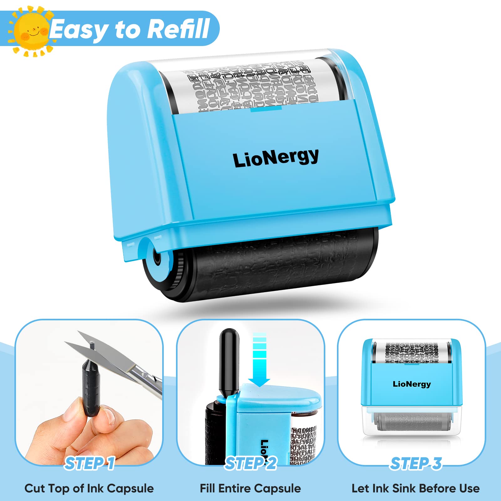 LioNergy Identity Protection Roller Stamp - Security Ink Roller for Preventing Identity Theft with 3 Refill Cartridges (Blue) | Perfect for Shredding Documents, Mail Security & Personal Privacy Protection