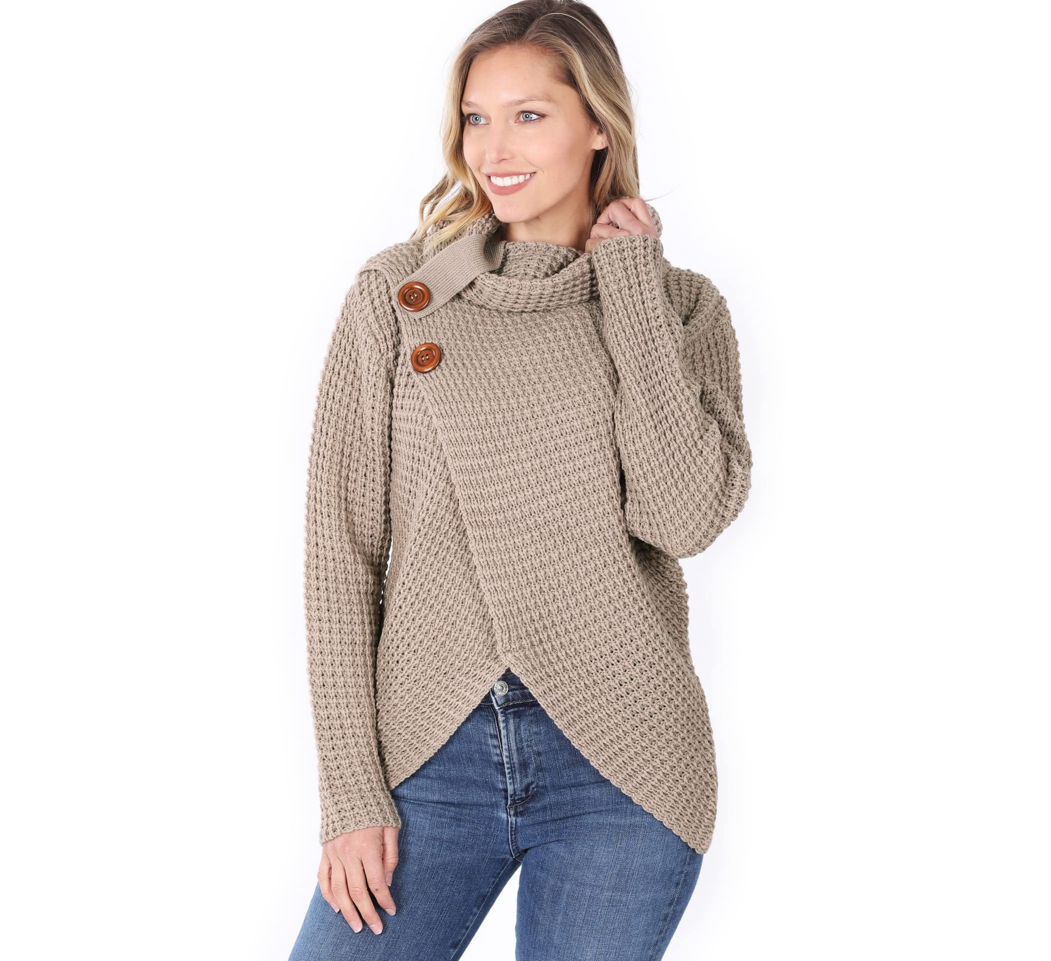 Women's Long Sleeve Asymmetric Hem Cowl Neck Knit Wrap Pullover Sweater - Ash Mocha (Medium) | Cozy Winter Fashion for Casual Outings & Office Wear