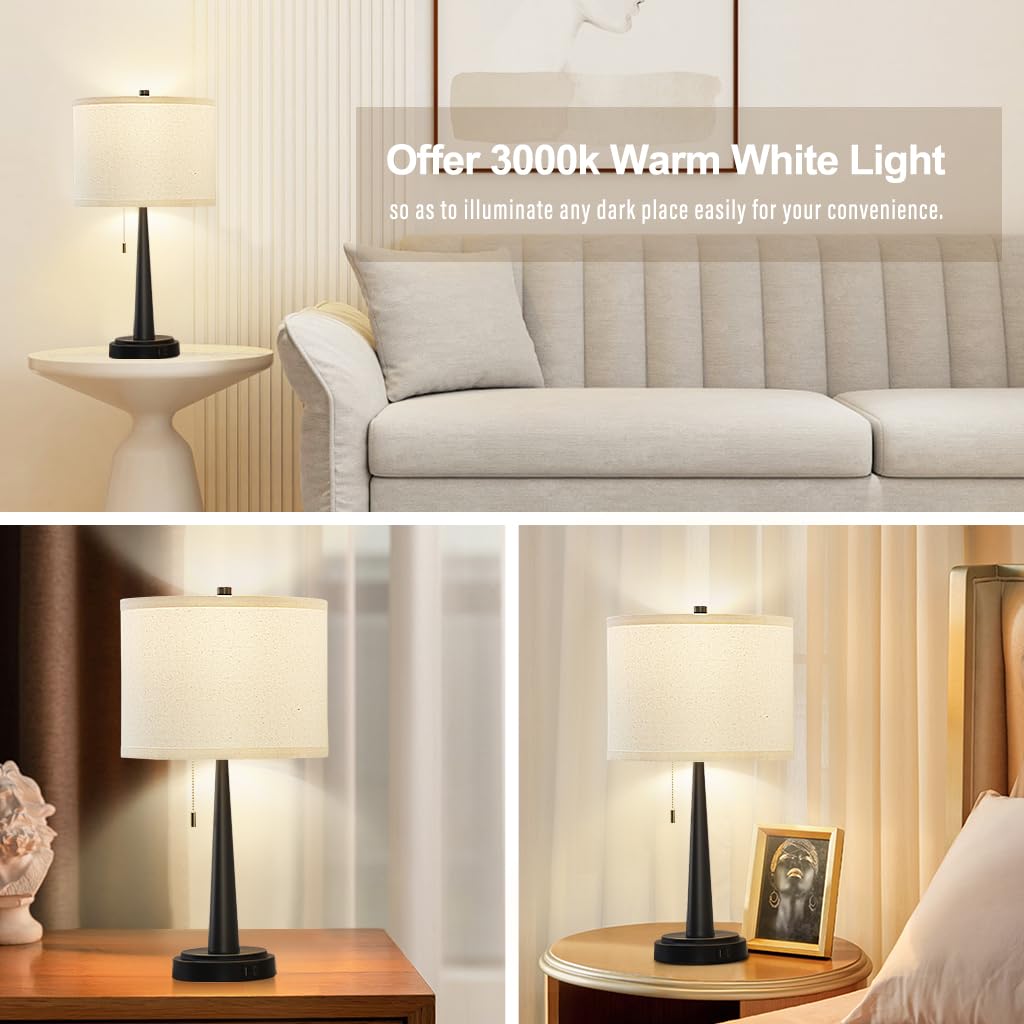 GyroVu Modern LED Table Lamp Set of 2 - USB-C/A Charging Nightstand Lamps with Pull Chain Switch, 9W Bulbs Included (Matte Black) - Perfect for Living Room, Bedroom & Office Lighting