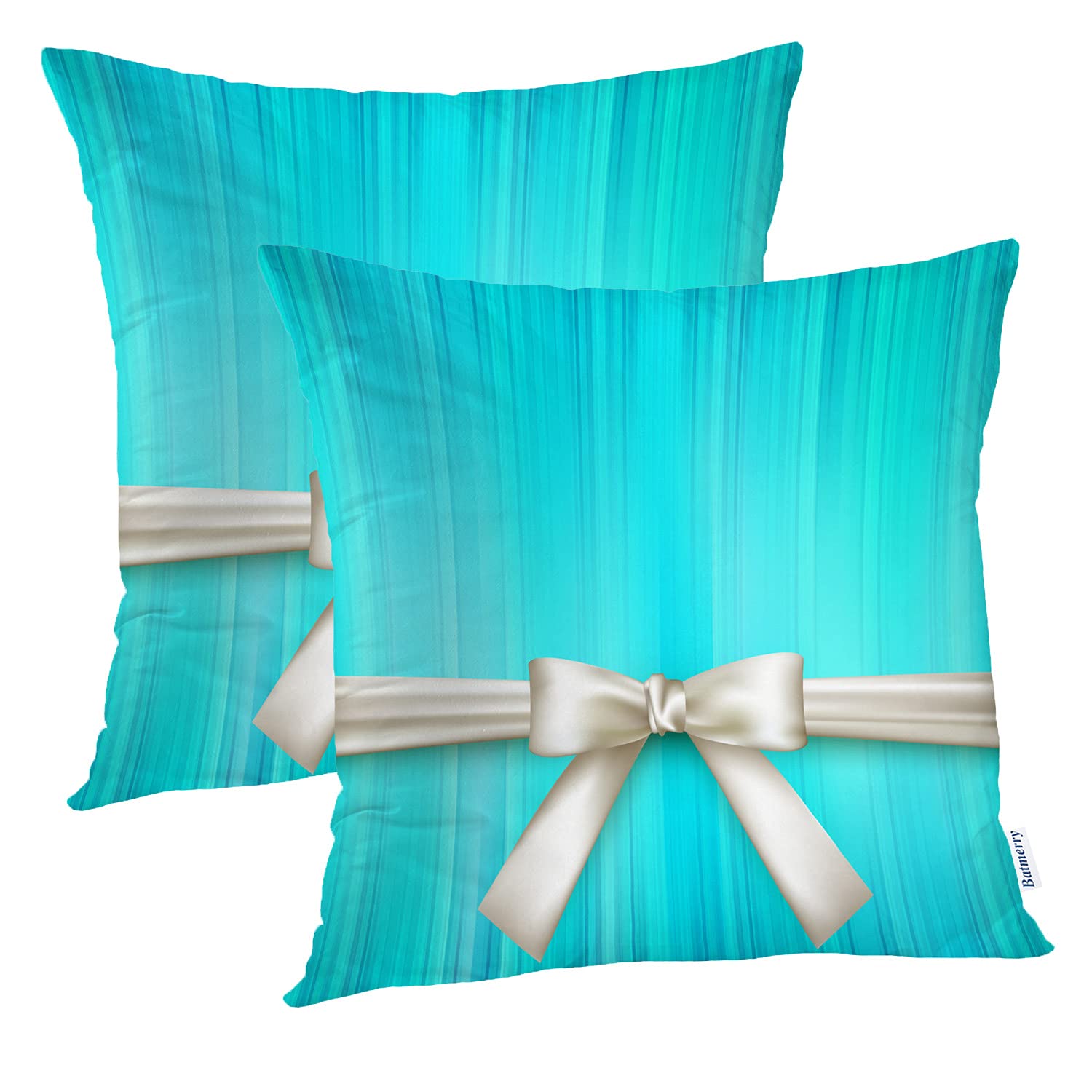 Batmerry 20x20 Inch Turquoise Blue & White Striped Satin Bow Pillow Covers Set of 2 - Elegant Double Sided Square Throw Pillow Cases for Sofa, Bed, Couch - Perfect for Holiday Decor, Wedding Gifts & Home Decoration