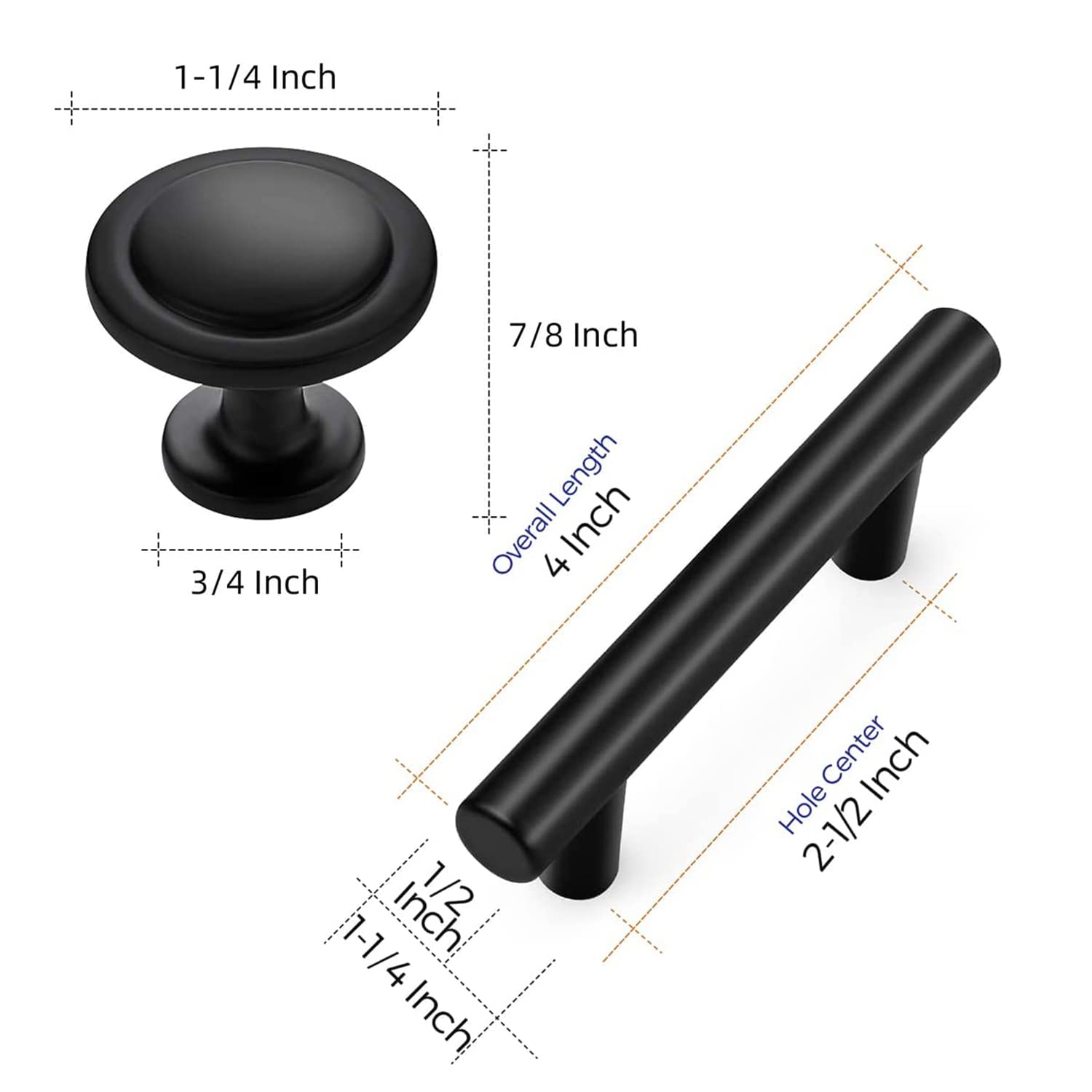 Ravinte 5 Pack 1-1/4 Inch Cabinet Knobs & 5 Pack 4 Inch Matte Black Pulls - Durable Kitchen Cabinet Hardware for Modern Home Decor