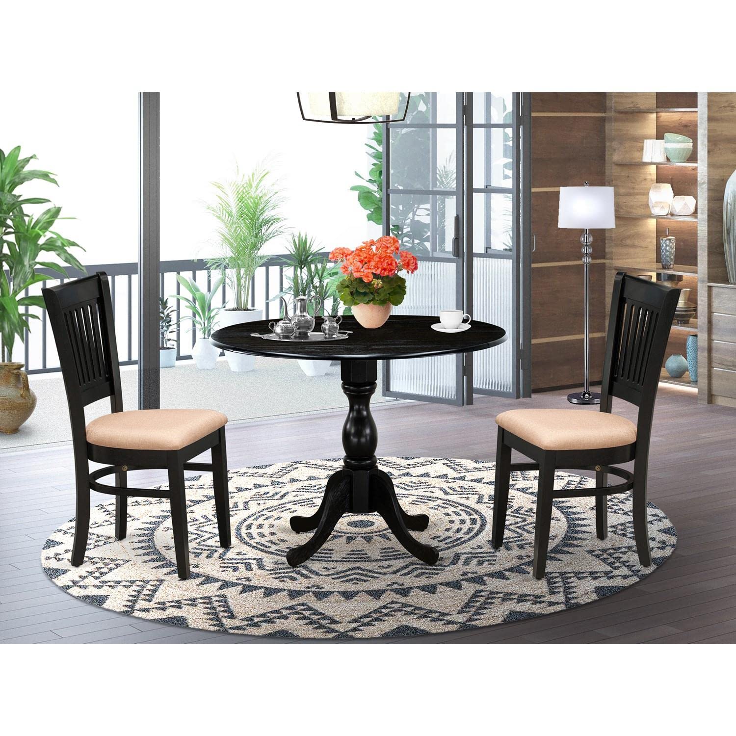 East West Furniture DMVA3-BLK-C 3-Piece Kitchen Dining Set - Round Drop Leaf Table & 2 Upholstered Chairs, 42x42 Inch, Black - Perfect for Small Spaces, Breakfast Nooks & Cozy Apartments