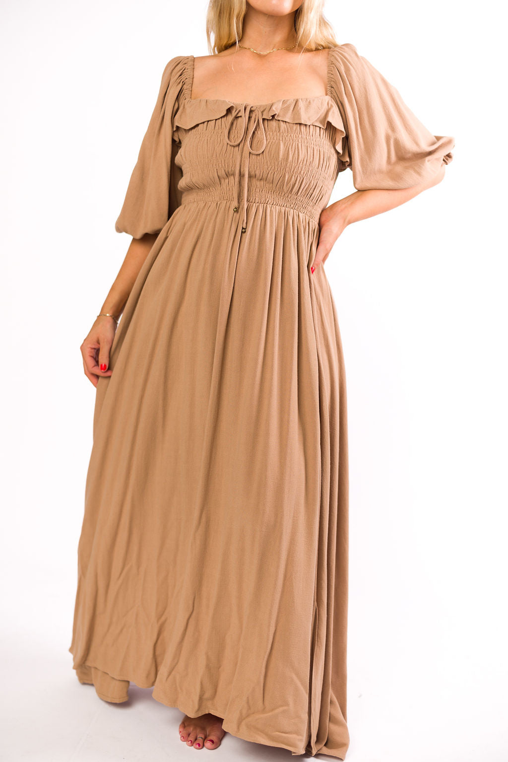 Devon Smocked Maternity Maxi Dress in Taupe - Bump Friendly Flowy Long Dress for Pregnancy, Nursing & Postpartum - Perfect for Baby Showers, Beach Vacations & Date Nights