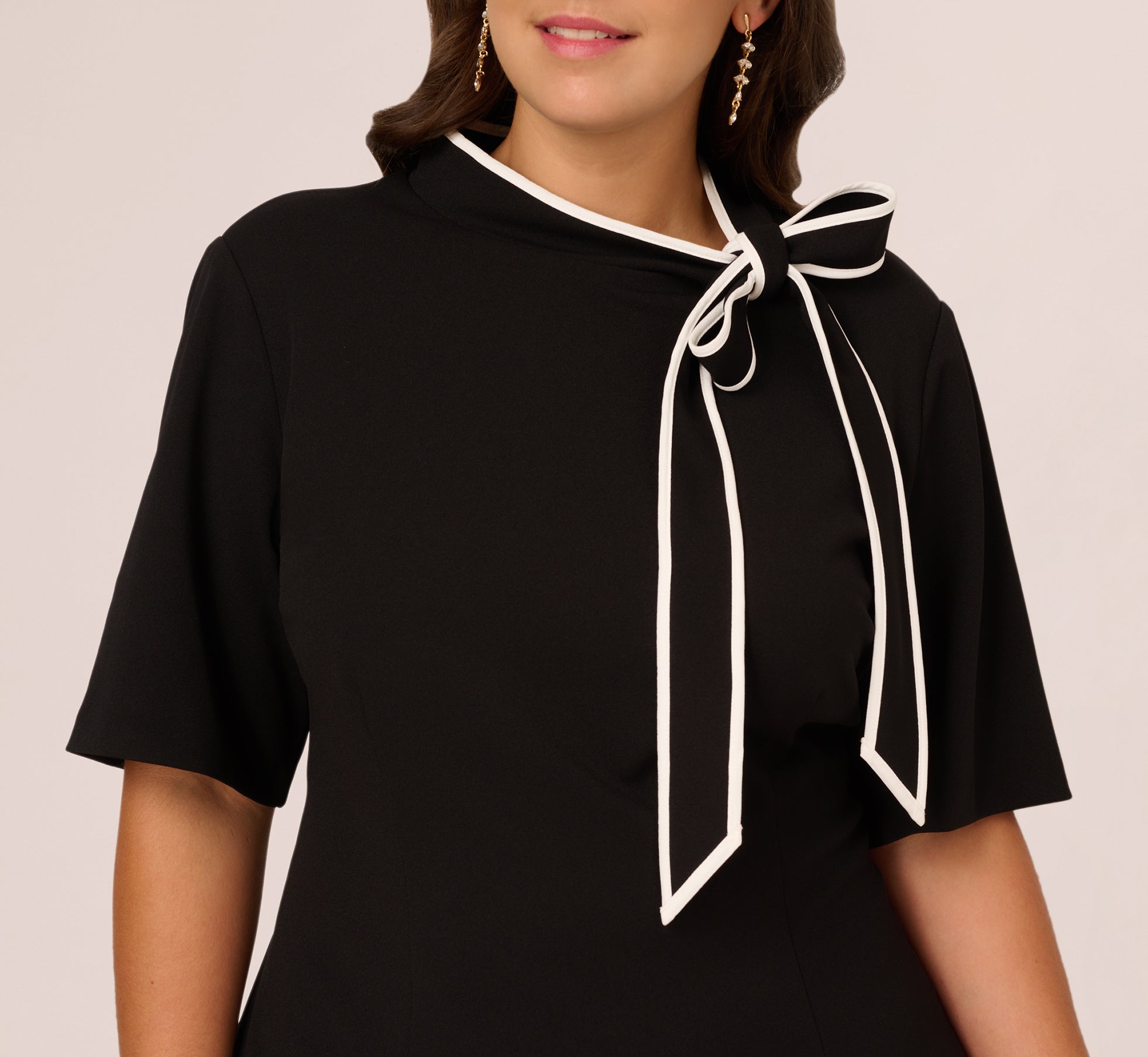 Elegant Plus Size Mock Neck Dress with Contrasting Bowtie - Black & Ivory - Perfect for Office Wear, Cocktail Parties & Special Occasions