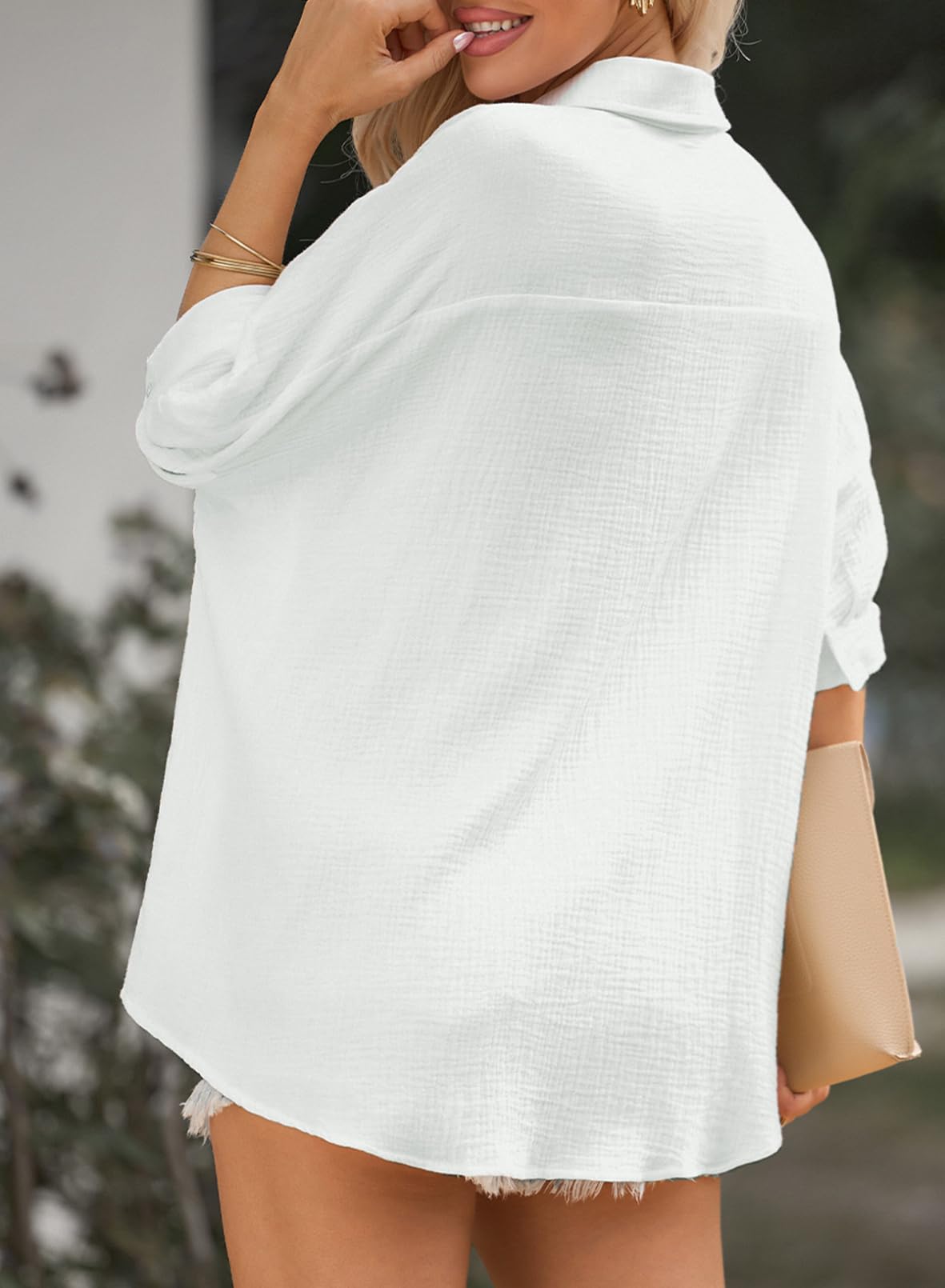 Stylish Women's Oversized Button Down Shirts - 3/4 Sleeve V-Neck Blouse with Textured Fabric for Casual Workwear & Weekend Outfits