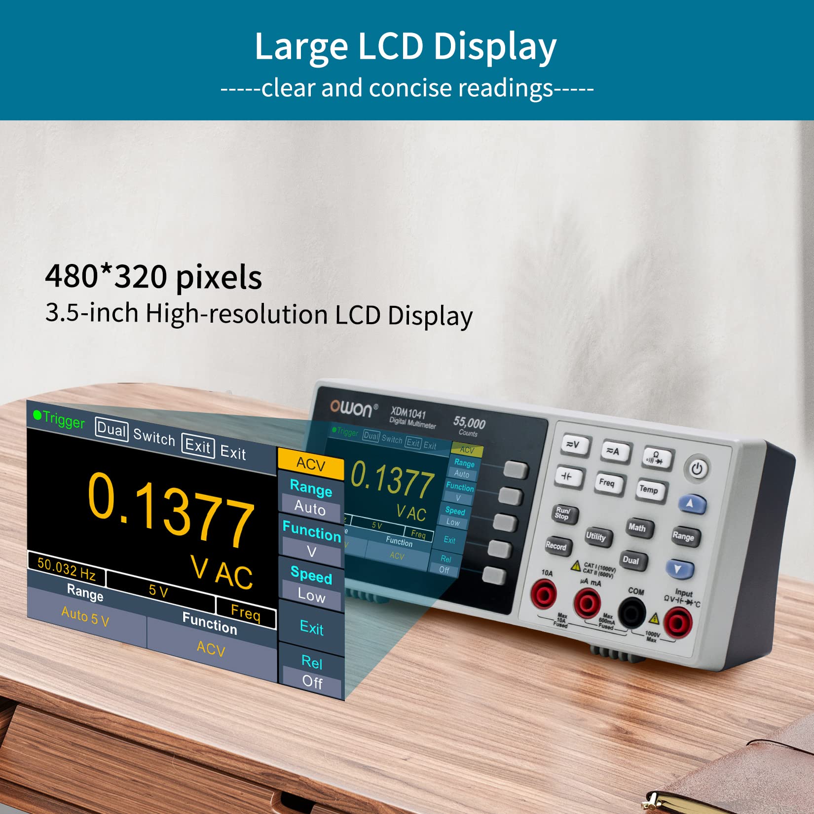 OWON XDM1041 Digital Multimeter - 3.5in LCD Display, 55000 Counts True RMS, Temperature Tester for AC/DC Voltage, Current, Resistance - Perfect for Electronics Repair, Lab Testing & Industrial Use