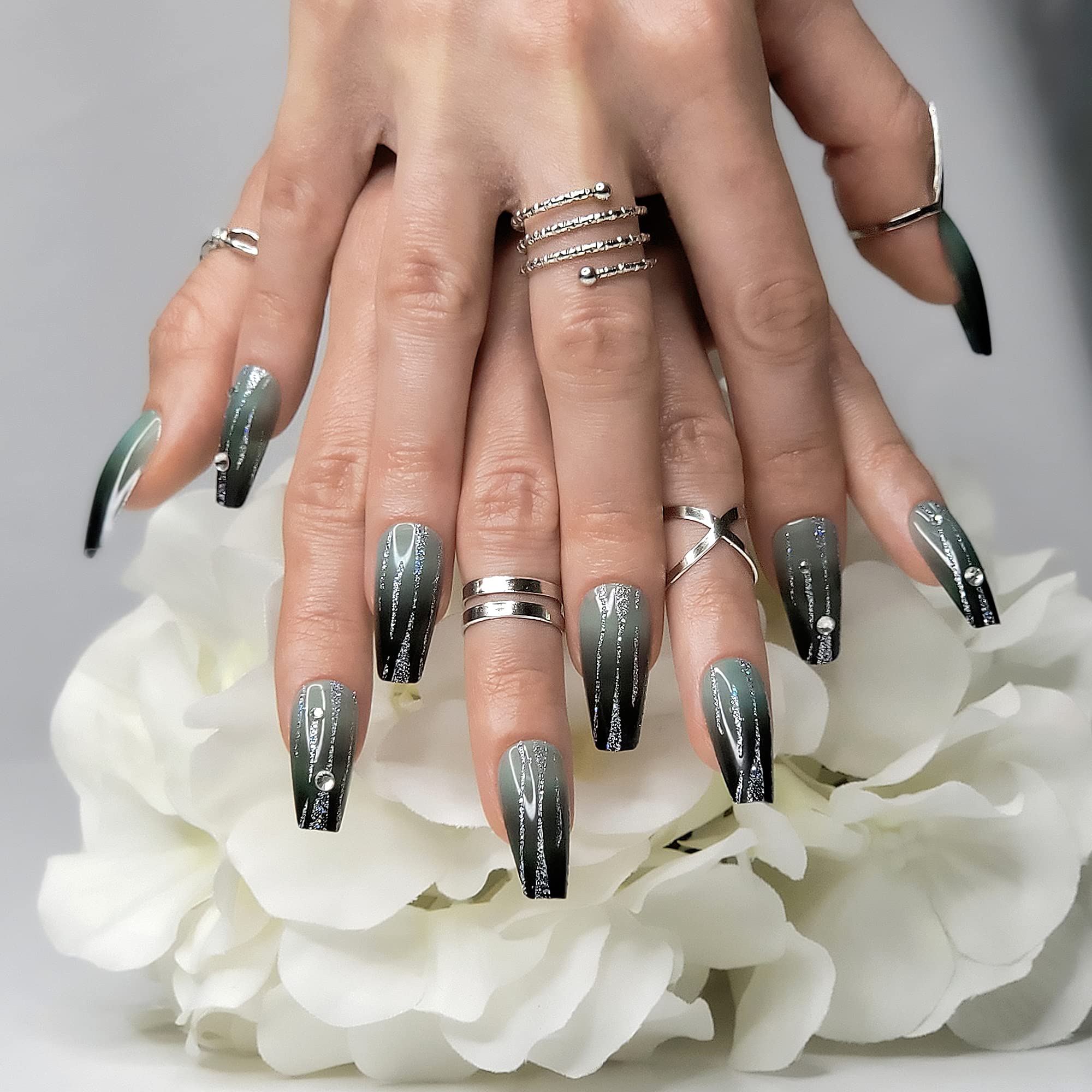 Hypnaughty 24 Pcs LUXE Black to Green Ombre Press on Nails - Glitter & Rhinestone Coffin Fake Nails with Glue - Long Luxury Acrylic Nails for Parties, Weddings & Special Occasions