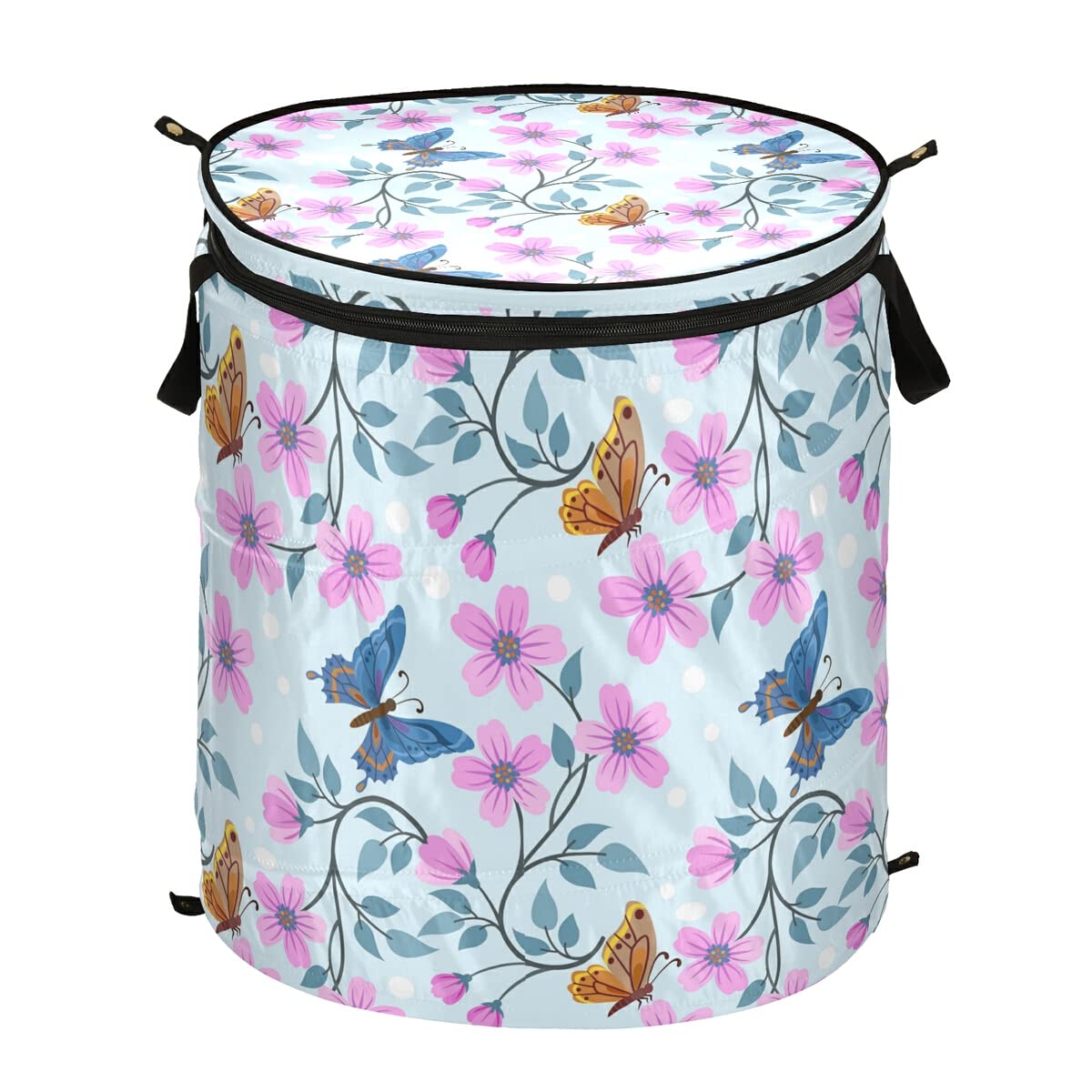 Foldable Laundry Basket with Lid - Large Collapsible Clothes Hamper for Kids, Colorful Flowers & Butterfly Design, Freestanding Toy Organizer for Boys & Girls - Perfect for Bedroom, Playroom & Nursery Storage