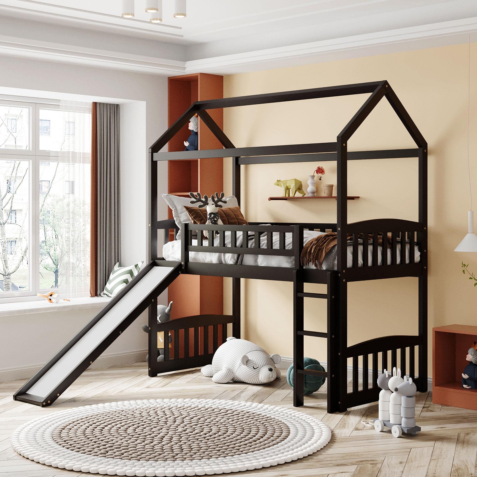 JINS&VICO Twin Loft Bed with Slide and Ladder - Wooden House Style Bunk Bed with Roof & Safety Guardrails for Kids - Espresso Finish (77.4