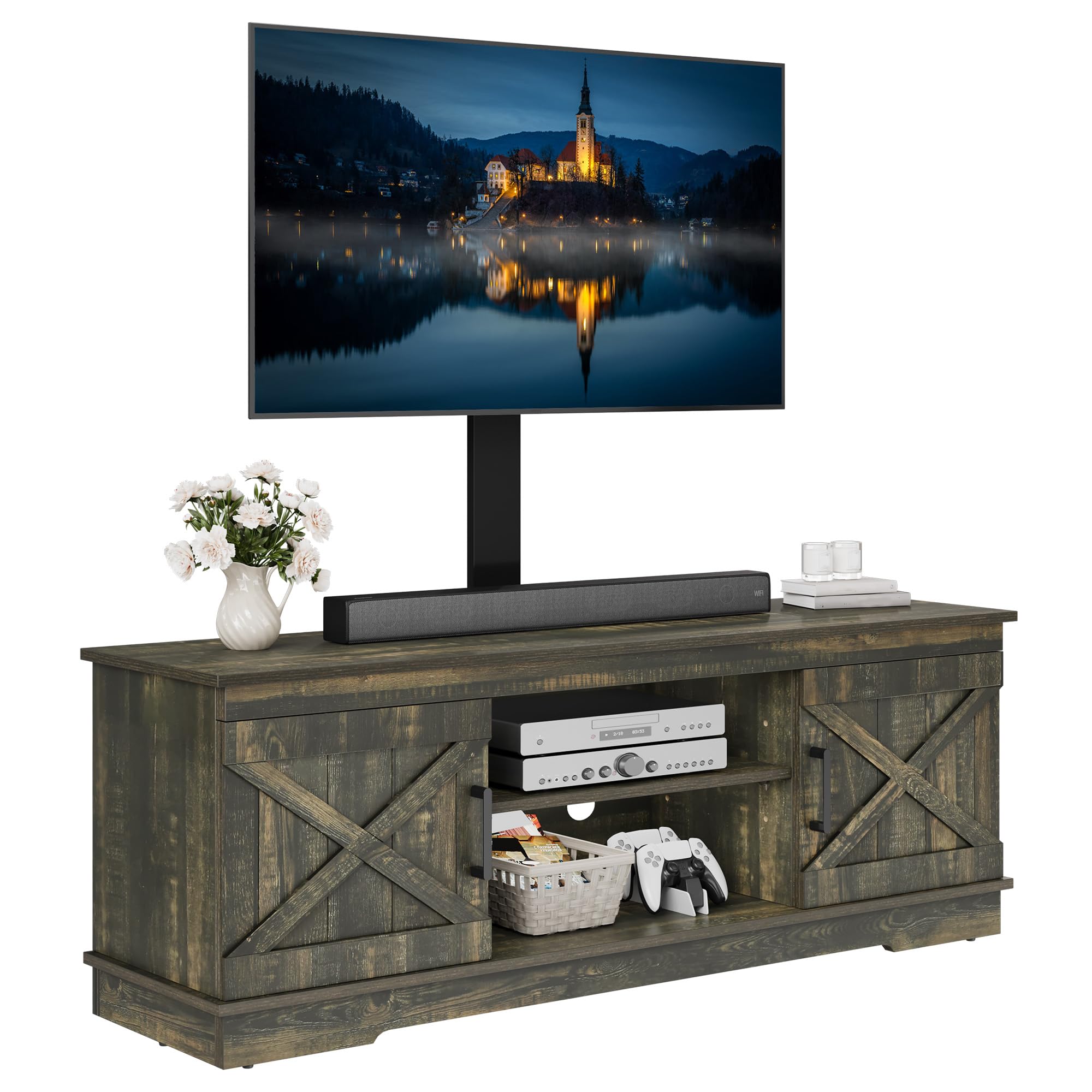 YITAHOME Farmhouse TV Stand with Mount for 32-70 Inch TVs, Sturdy Entertainment Center with Adjustable Shelves - Rustic Oak Media Console for Living Room, Bedroom & Home Theater Setup