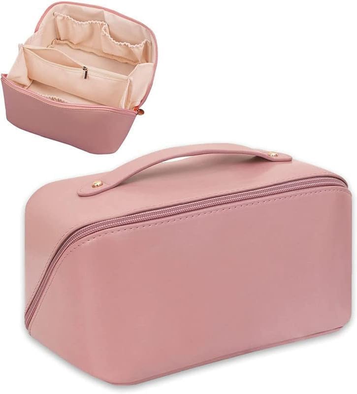 **Plenzo Double Layer Travel Makeup Bag – Large Waterproof Leather Cosmetic Organizer with Zipper Pouch, Portable Toiletry Bag for Women & Girls (Cream) – Perfect for Travel, Gym & Daily Use**