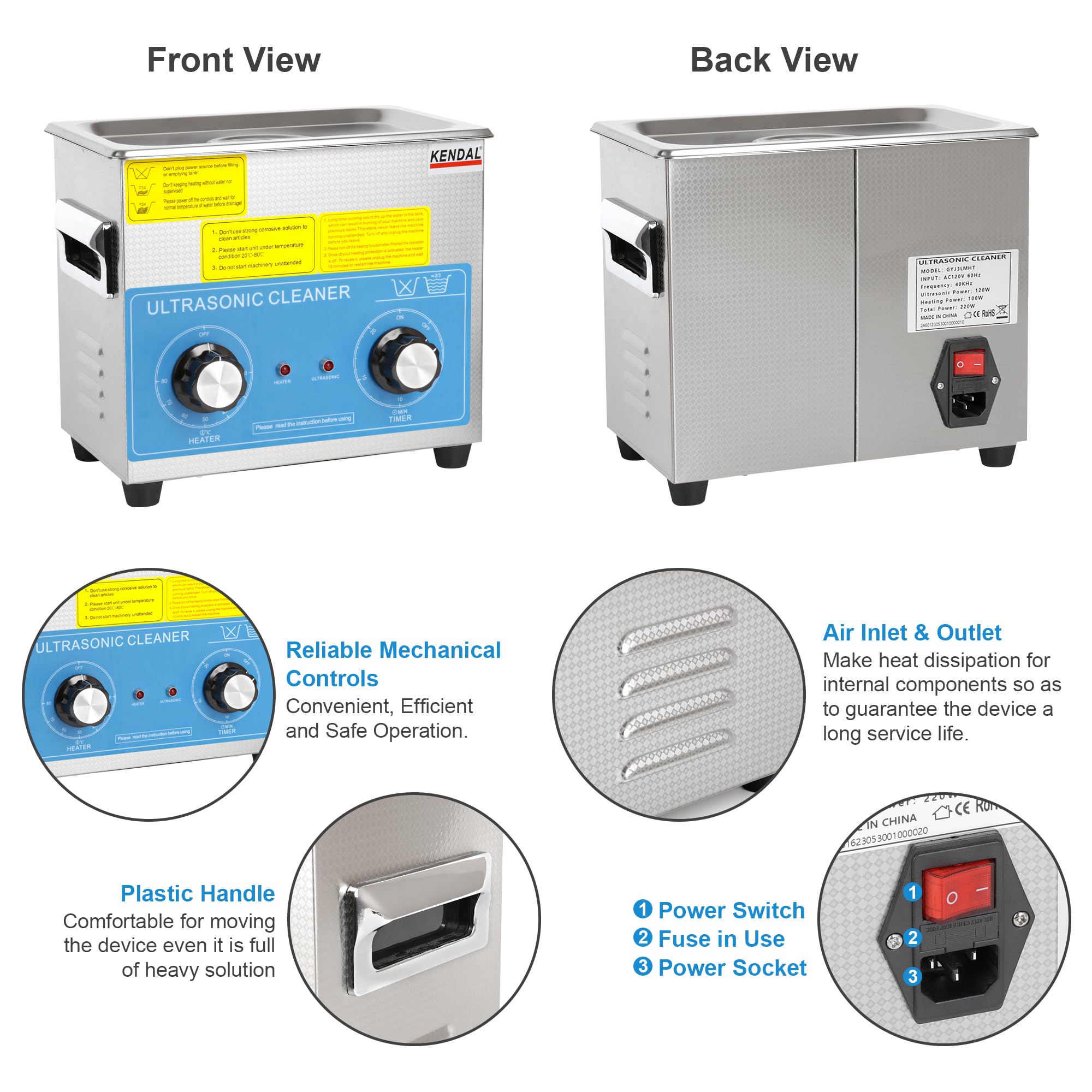 Kendal Commercial Grade 220W 3L Ultrasonic Cleaner HB-23MHT - Professional Jewelry, Dental Tools & Eyeglass Cleaning for Home & Business Use