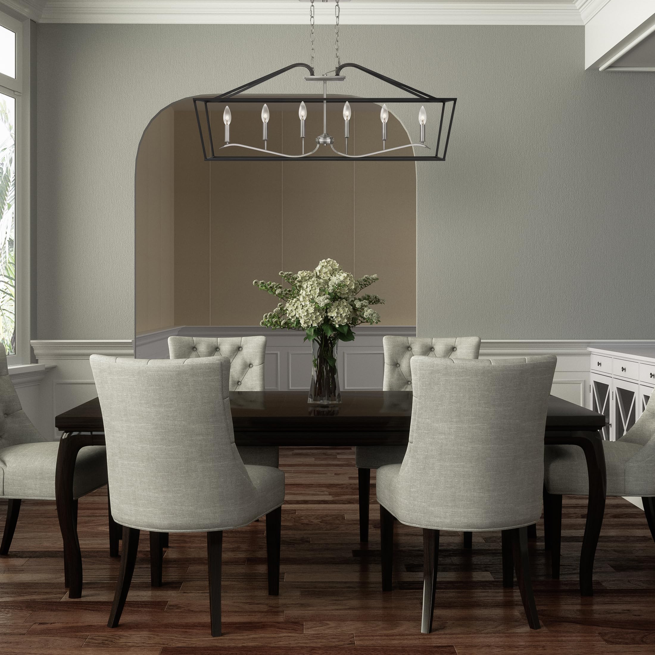 Quoizel Catalina 6-Light Matte Black Linear Chandelier - Modern LED Pendant Lighting for Dining Room, Kitchen Island & Bedroom - Dimmable Fixture with Clear Glass Shades