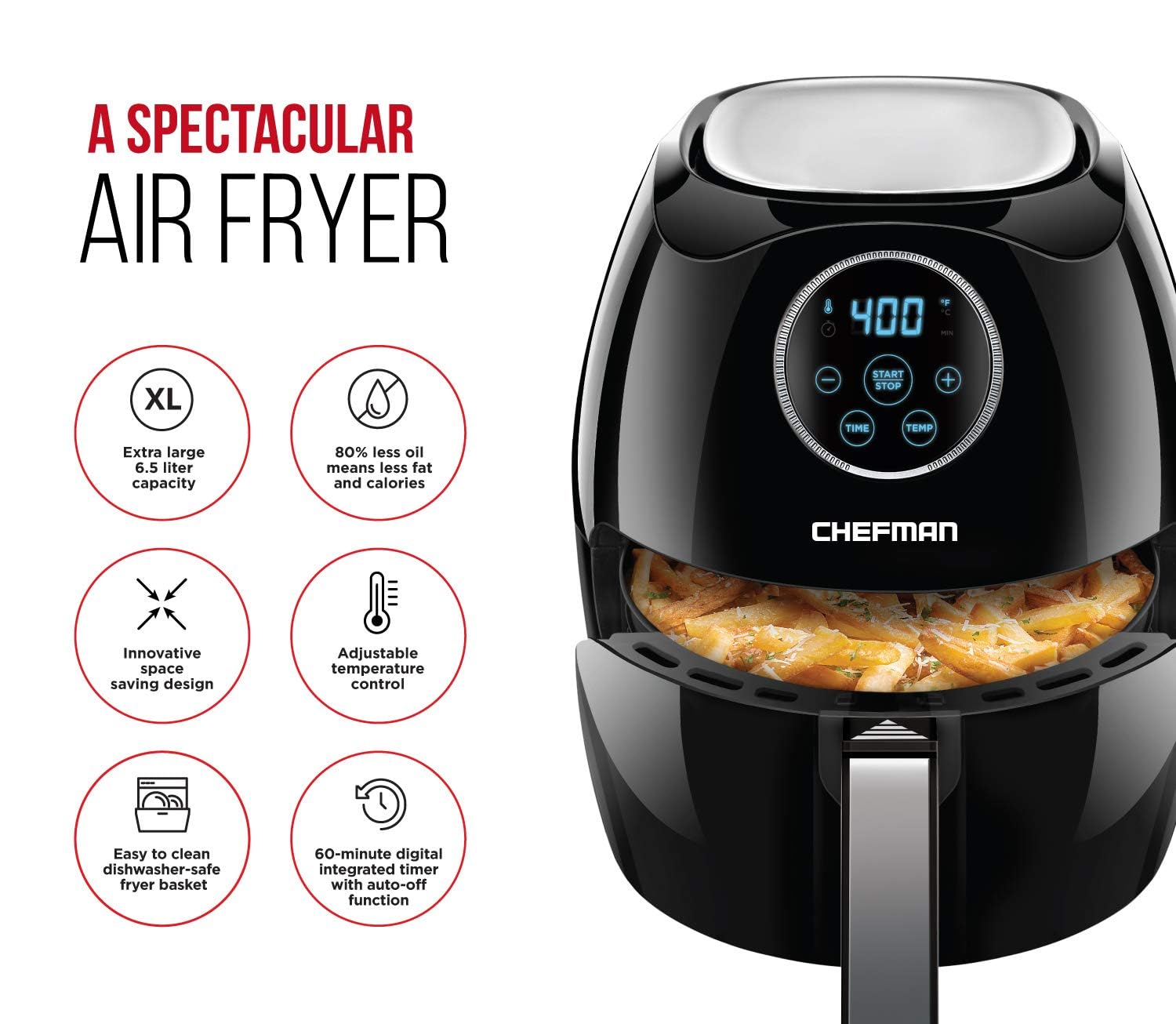 CHEFMAN 6.5 Qt XL Digital Air Fryer with Touch Screen - 4 Cooking Functions, 60-Min Timer & Auto Shut Off | Nonstick, BPA-Free & Dishwasher Safe Basket | Healthy Oil-Free Cooking for Family Meals, Snacks & Meal Prep | Perfect for Roasting, Baking, Grilling & Reheating