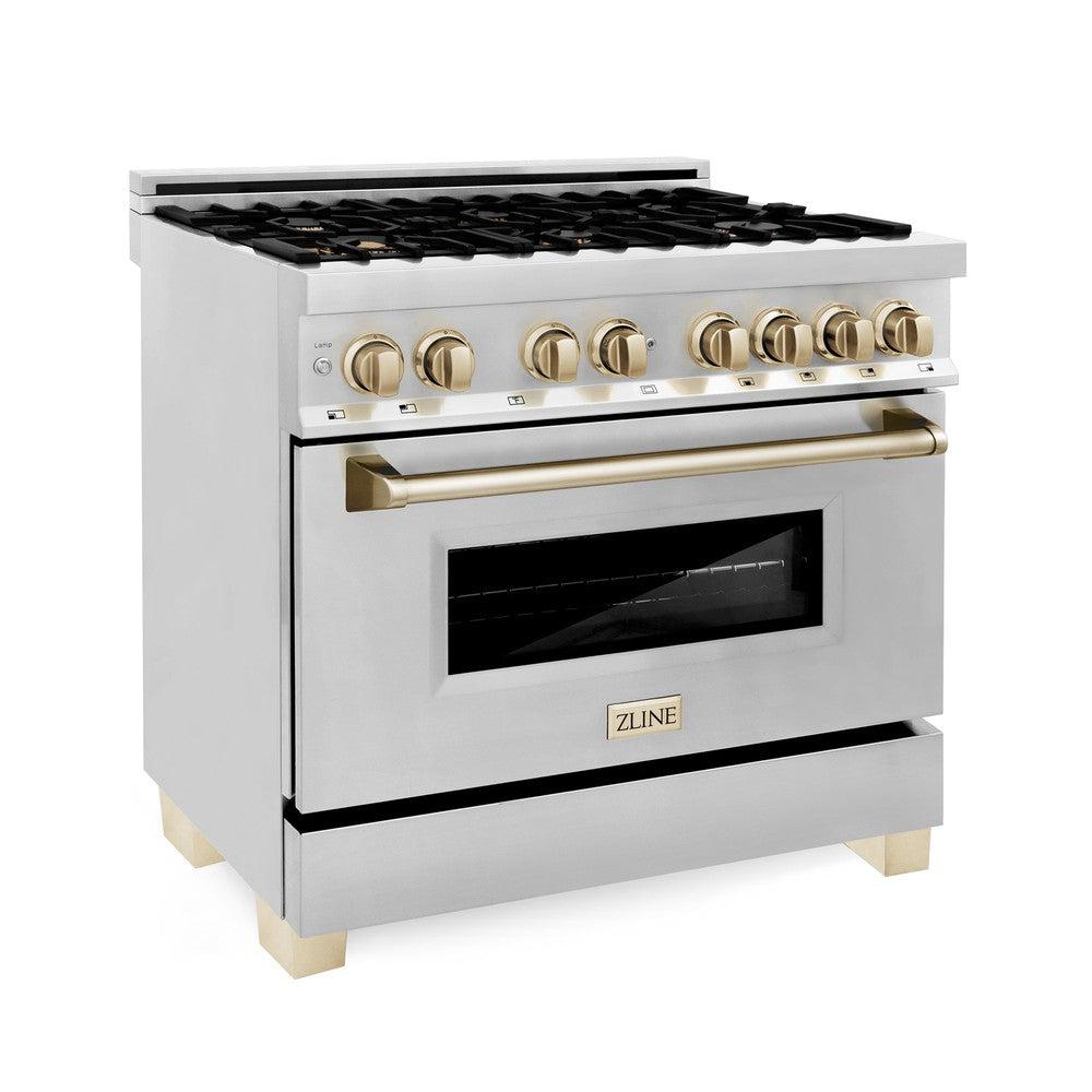 ZLINE Autograph Edition 36-inch Stainless Steel Dual Fuel Range Kitchen Package with Range Hood, Dishwasher & Refrigerator - External Water Dispenser & Polished Gold Accents (4AKPR RARHDWM36 G) | Premium Kitchen Appliances for Modern Homes & Professional Chefs
